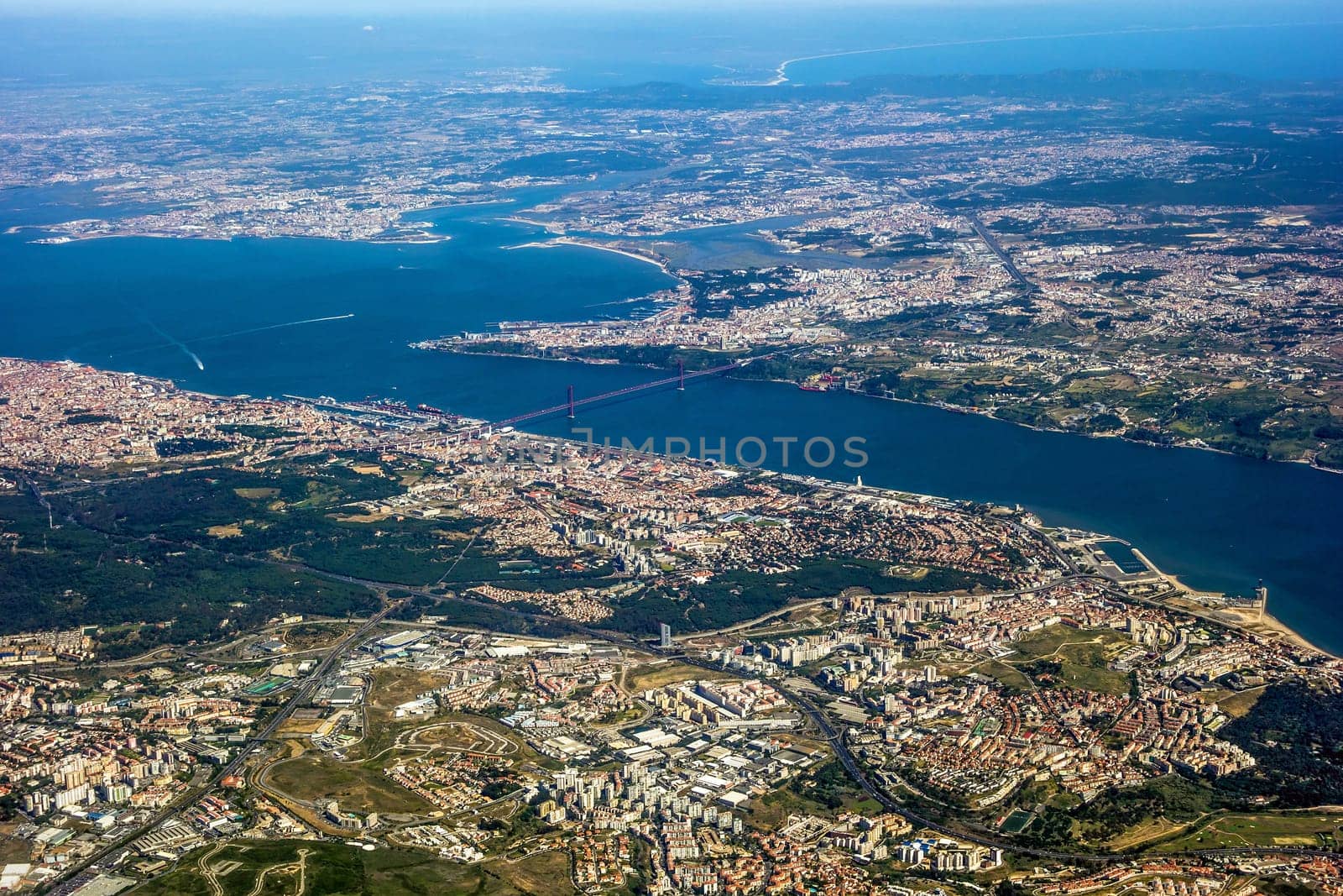 View over Lisbon, Portugal with airport, ponte vasco da gama, river tejo