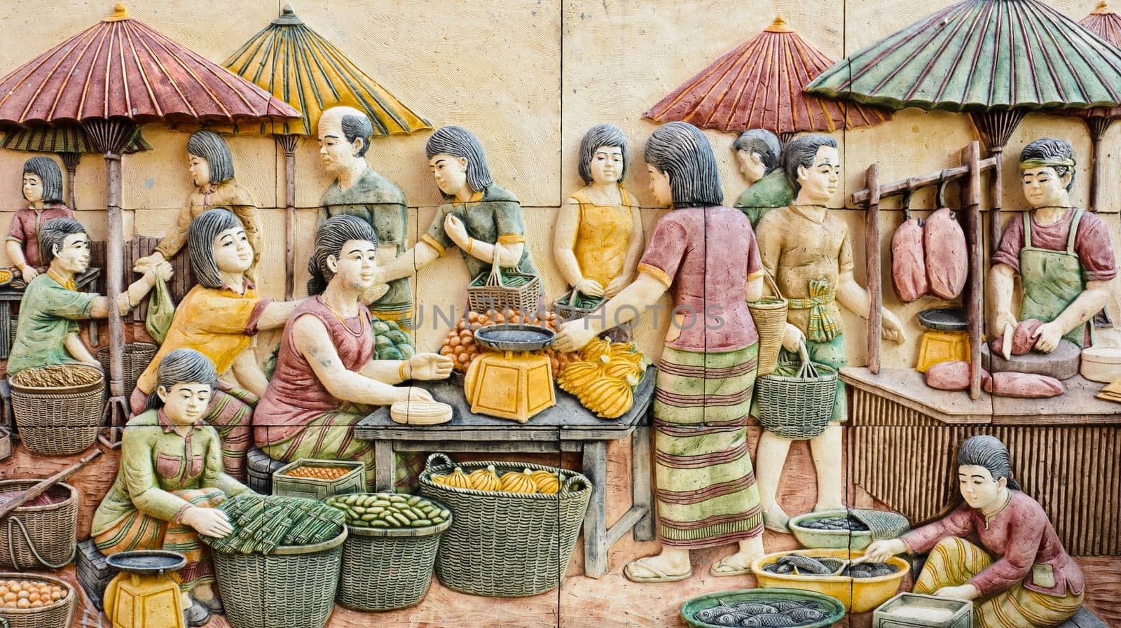 Stone carving of Thai rural fresh market