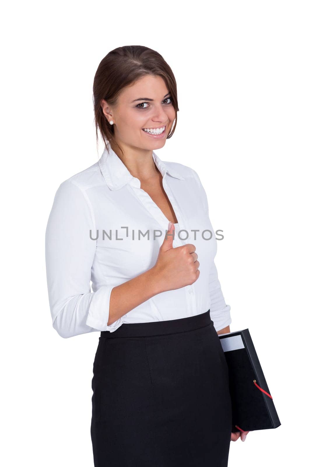 Young laughing businesswoman with dark hair isolated against white background