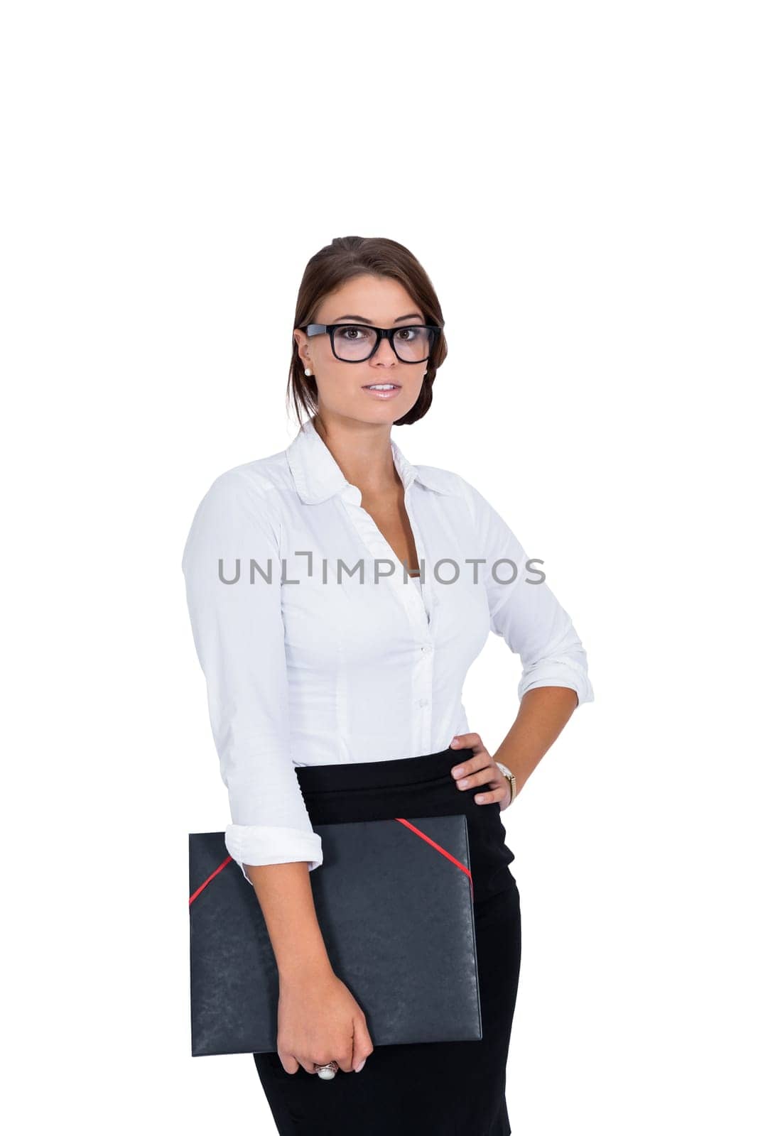 Young laughing businesswoman with dark hair isolated against white background
