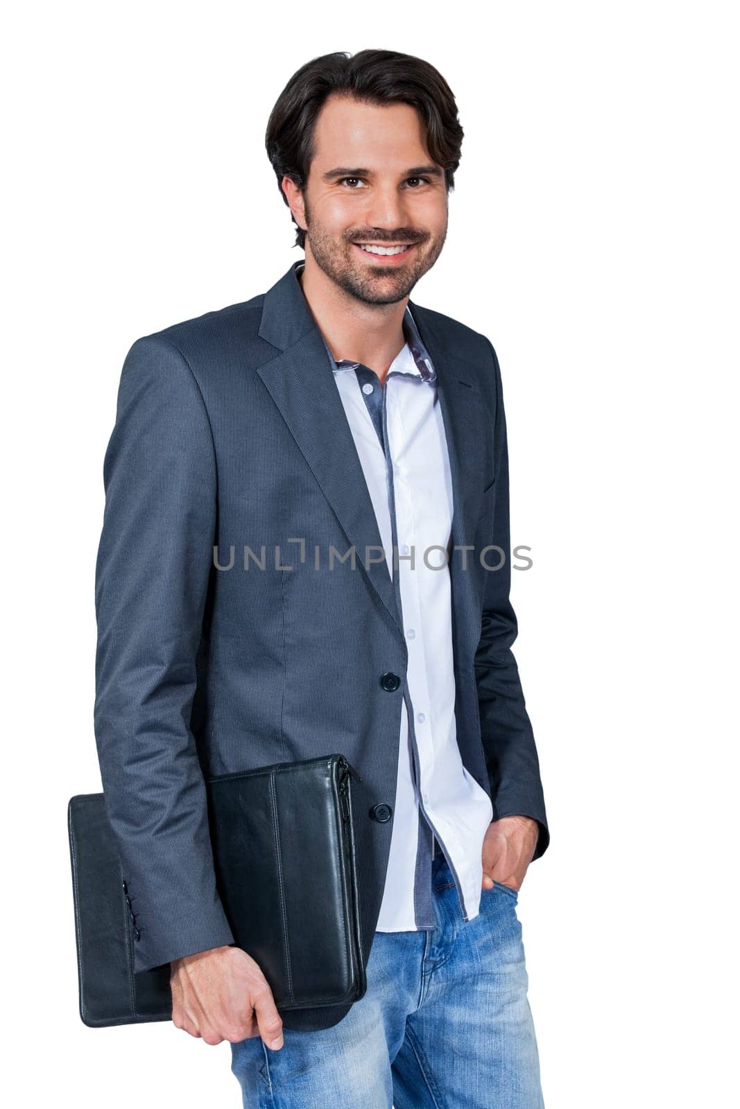 Stylish young man with dark hair and beard successfully isolated against white background