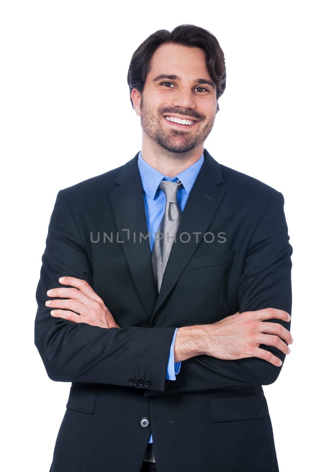 Self-proclaimed young businessman with suit dark hair and beard isolated against white background