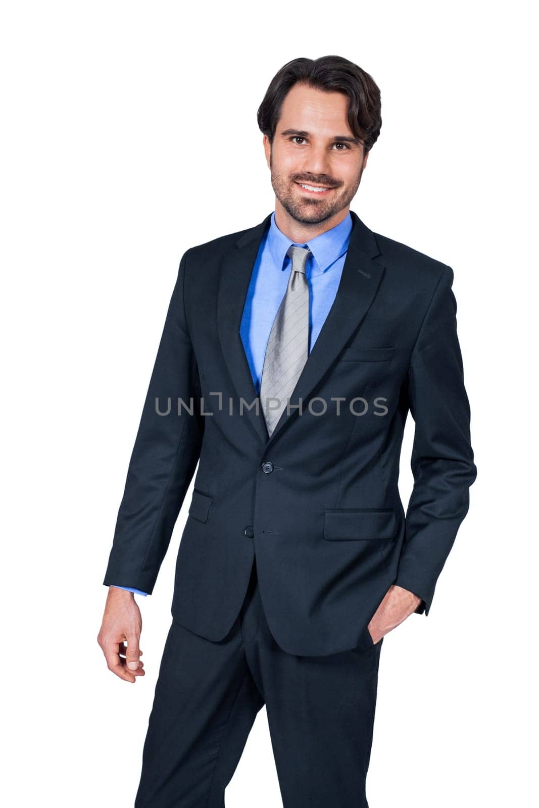 Self-proclaimed young businessman with suit dark hair and beard isolated against white background