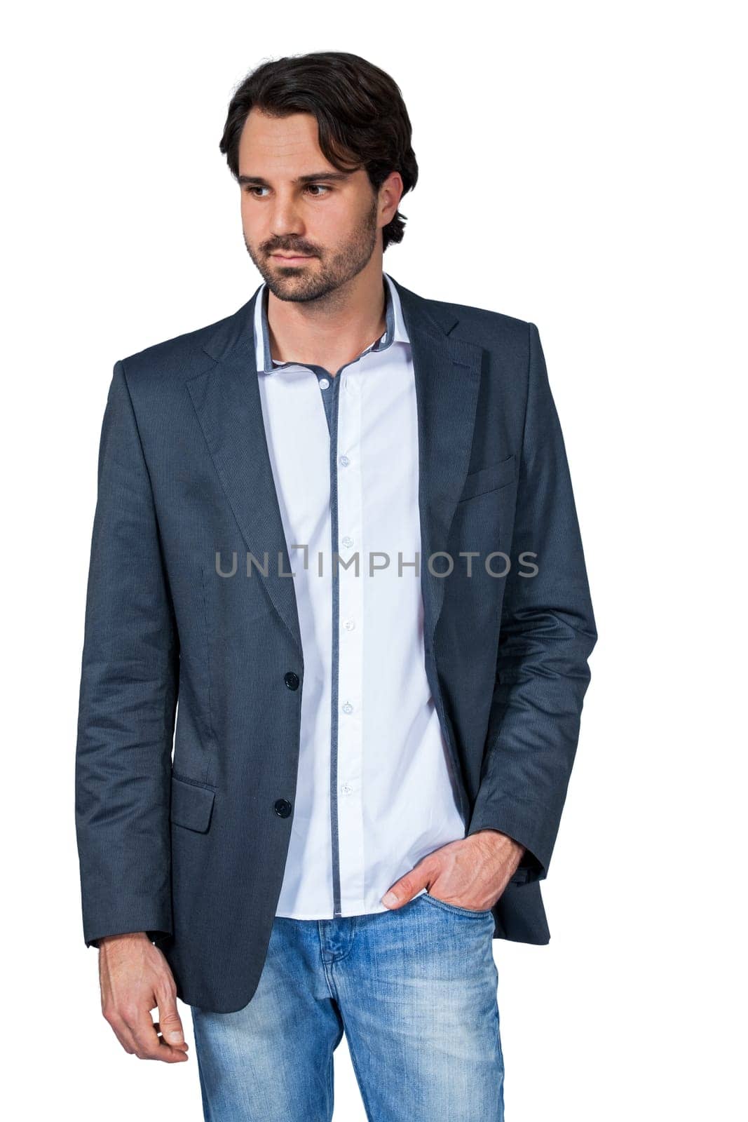 Self-proclaimed man in casual clothes with dark hair and beard isolated against a white background
