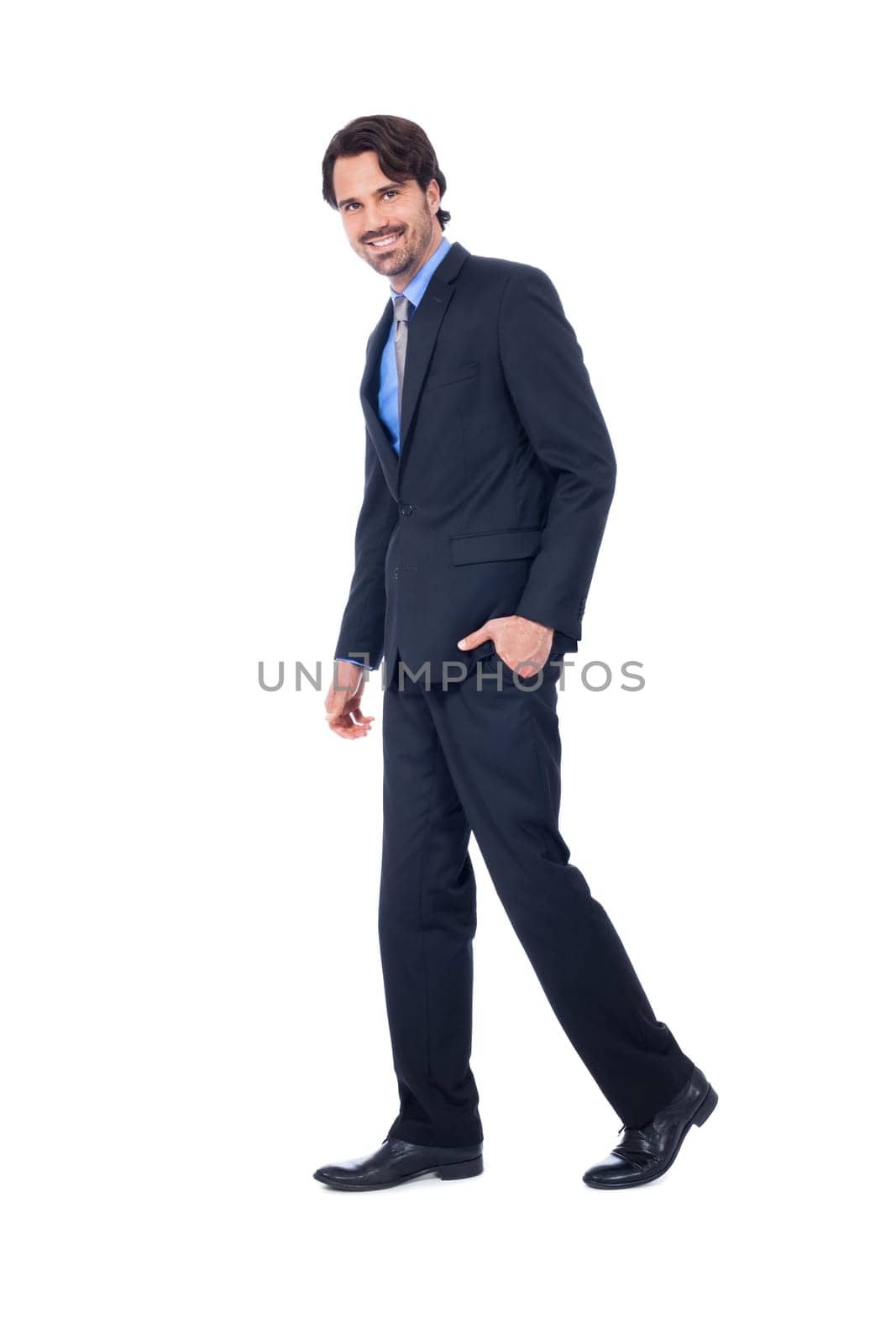 Self-proclaimed young businessman with suit dark hair and beard isolated against white background