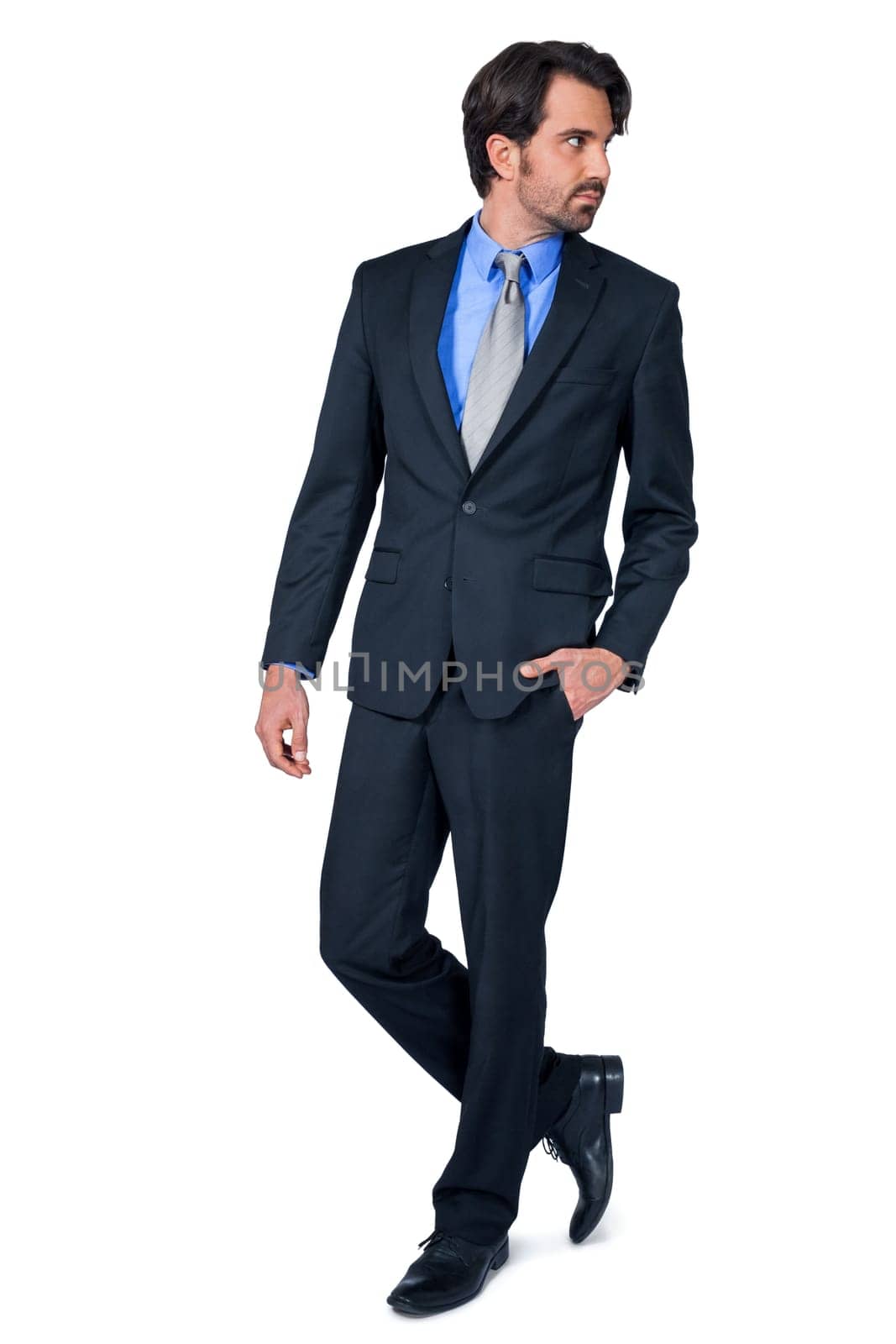 Self-proclaimed young businessman with suit dark hair and beard isolated against white background