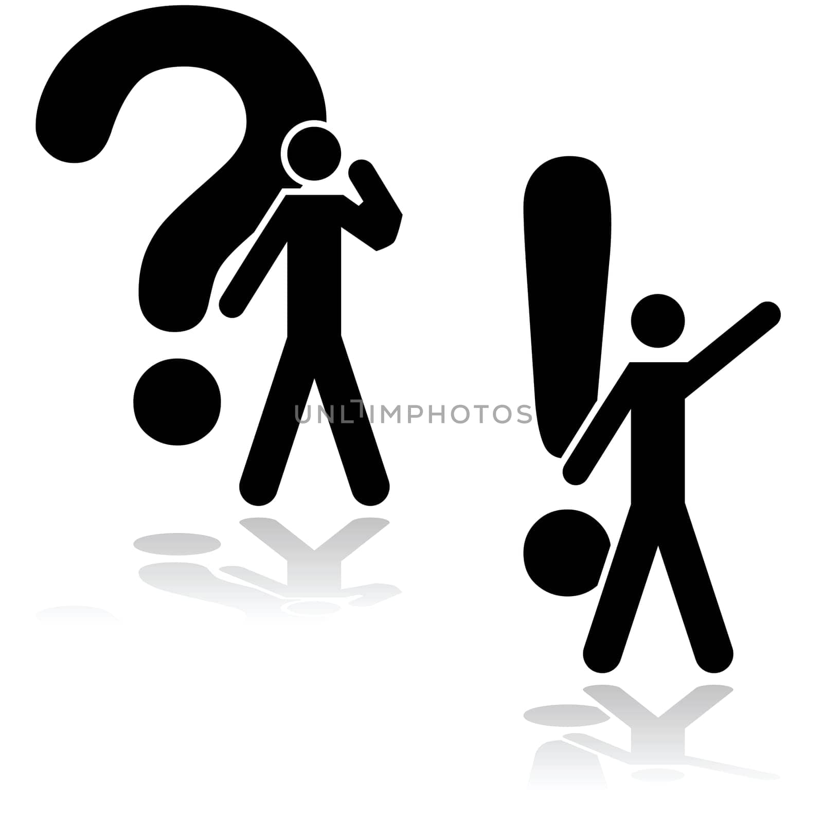 Concept illustration showing a man thinking about a problem beside a question mark and having found an answer beside an exclamation mark