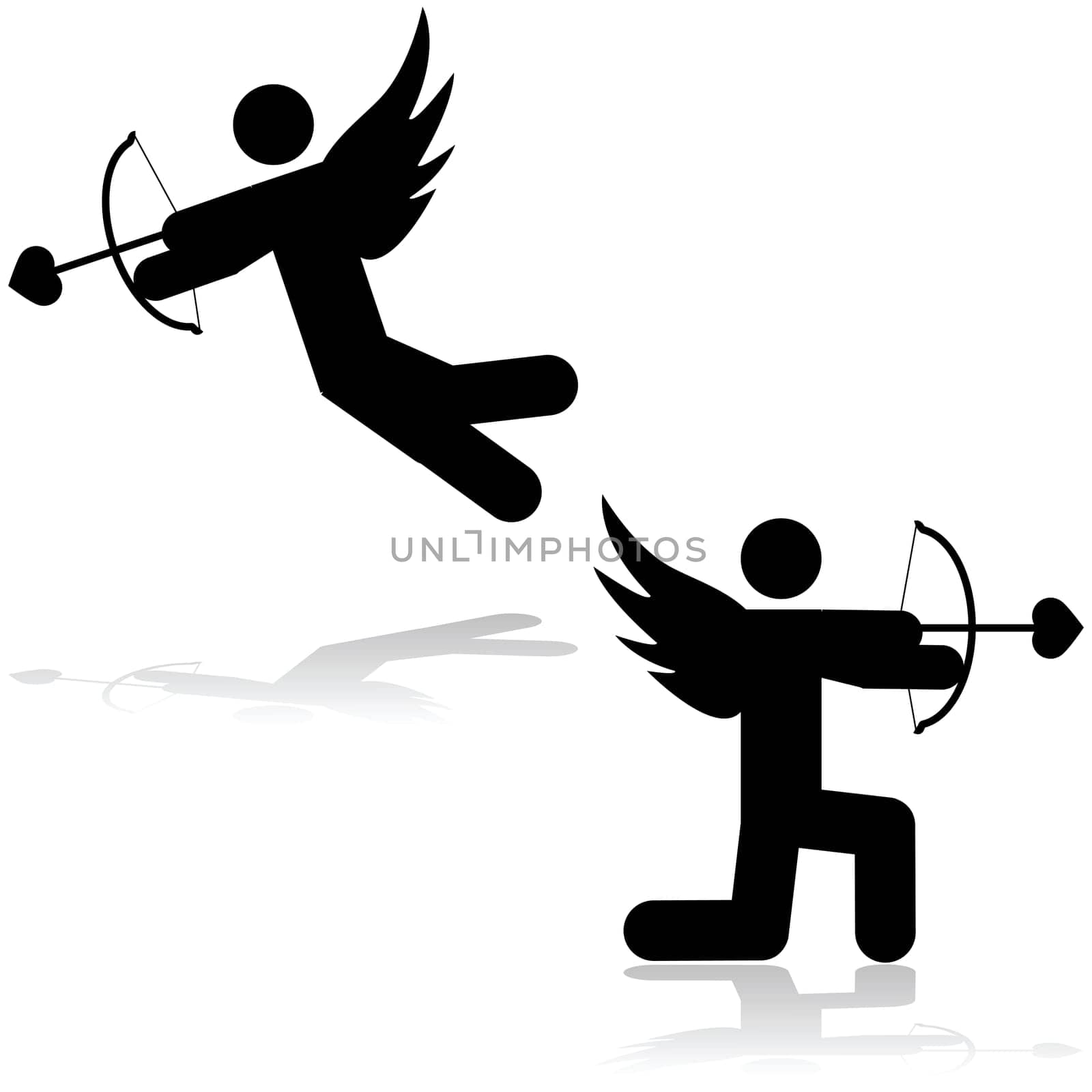 Icon illustration showing a cupid stick figure aiming an arrow with a heart-shaped tip