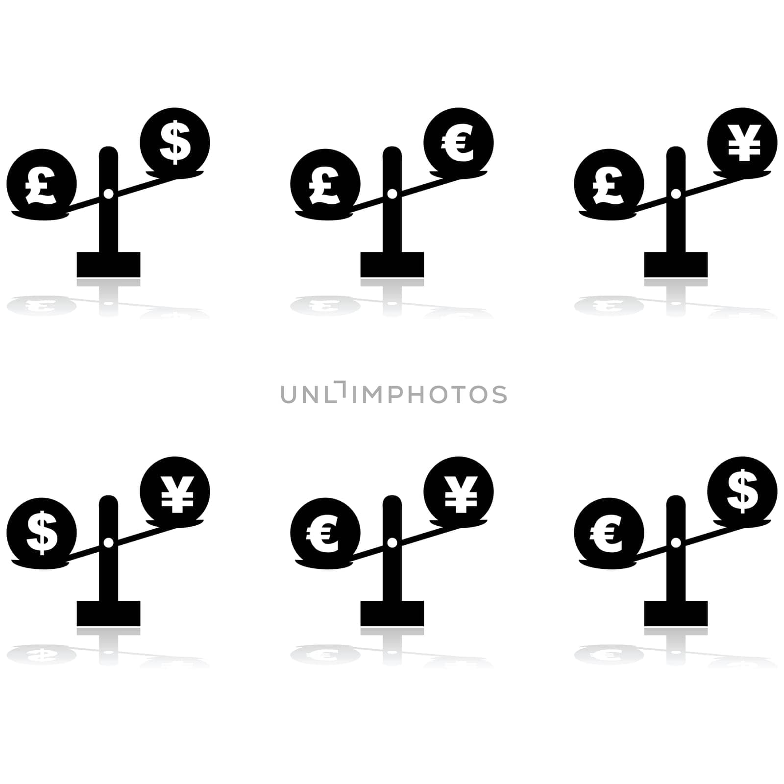Icon set showing different currency symbols placed on scales