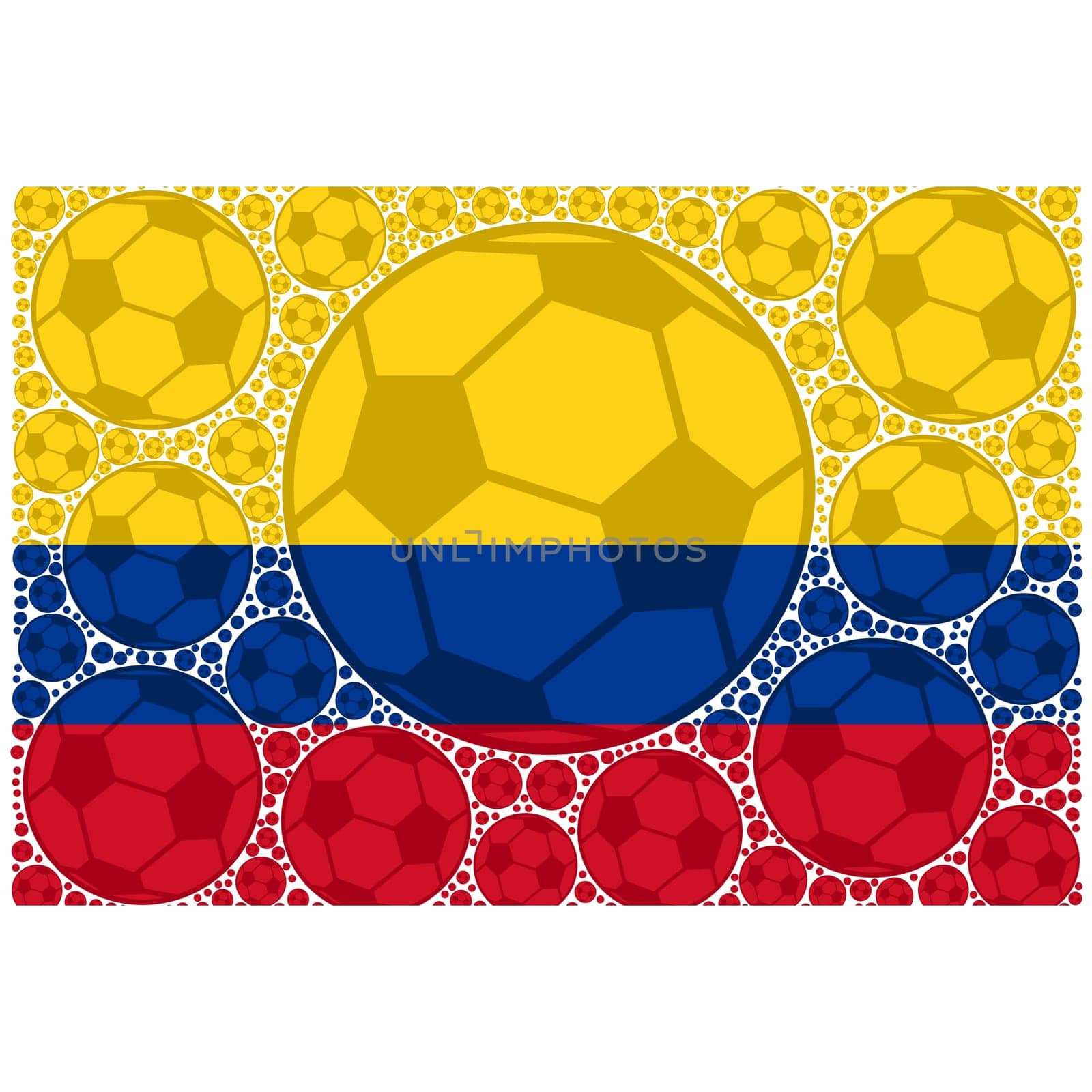 Concept illustration showing the flag of Colombia made up of soccer balls