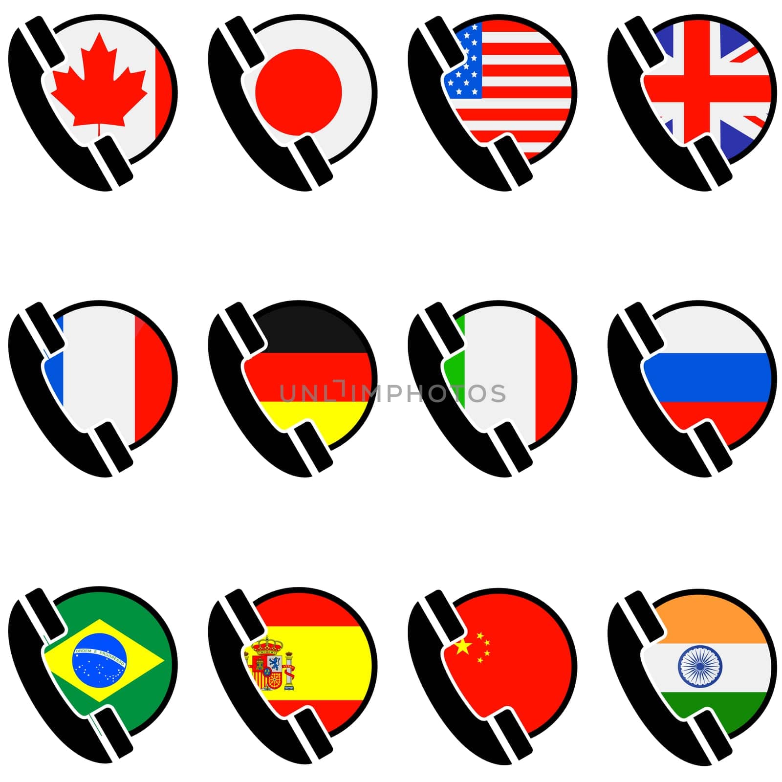 Icon set showing a phone handset along with flags for different countries