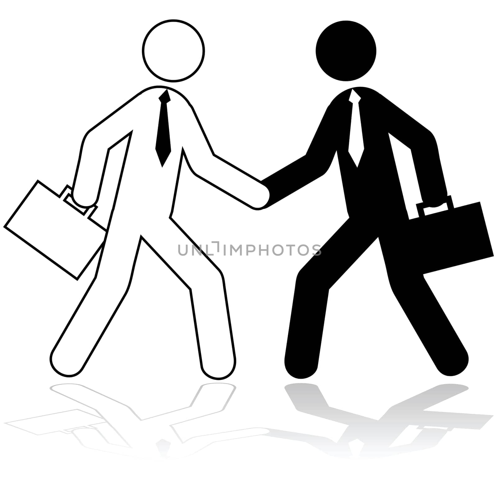 Icon illustration showing two stick figures dressed up as businessmen shaking hands
