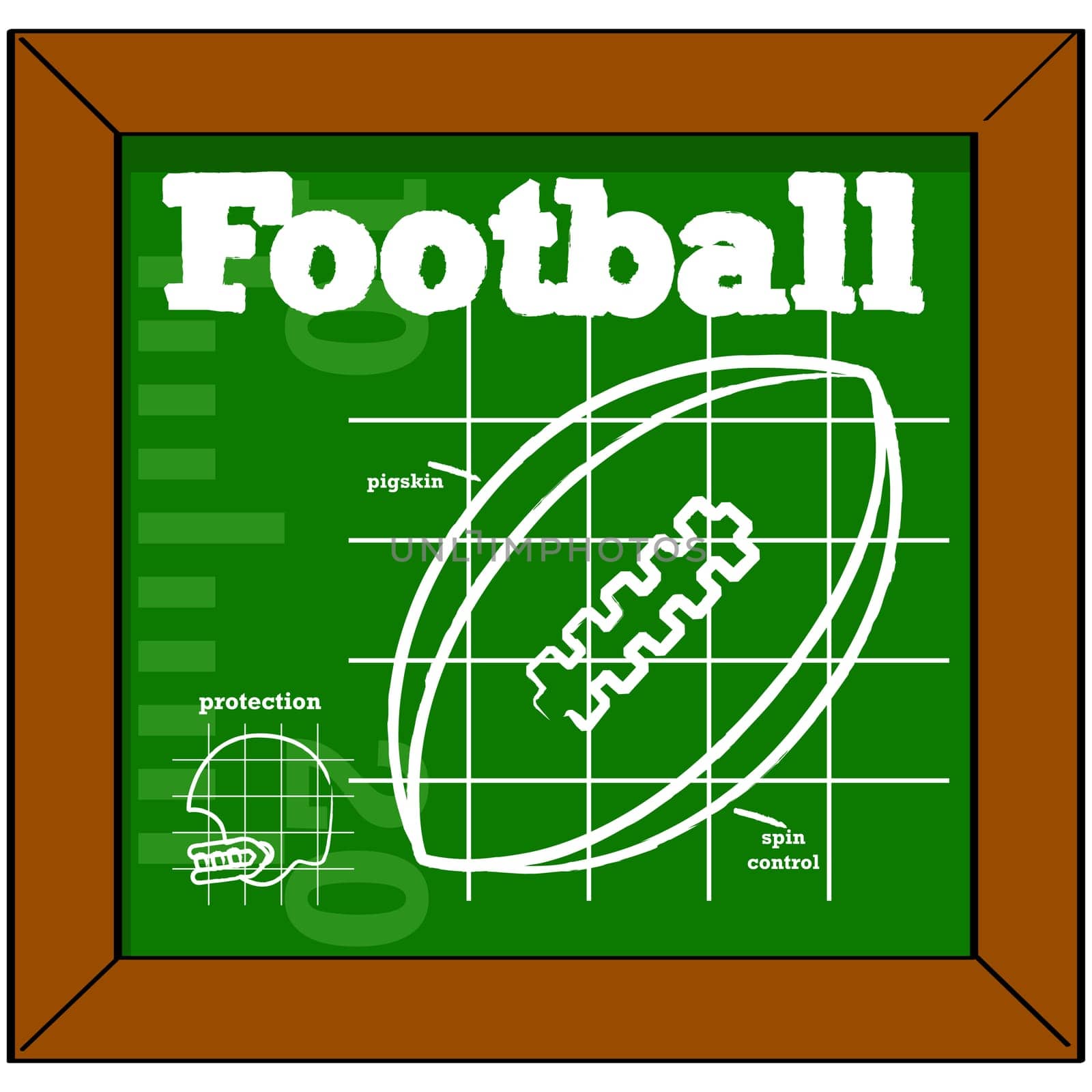 Cartoon illustration showing a blackboard with instructions about a football and a helmet