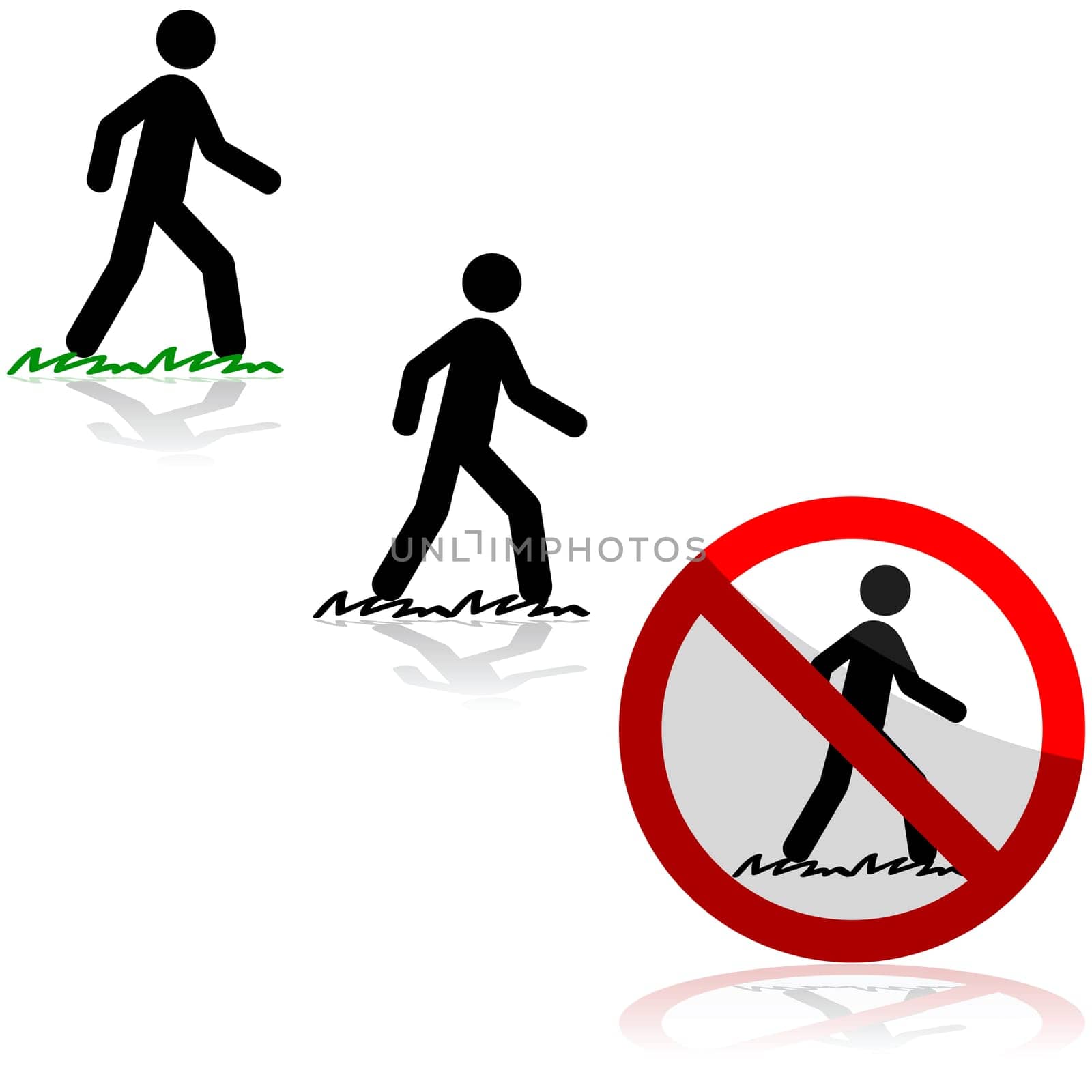 Icon set showing a man walking on grass and a sign saying it's forbidden to do so