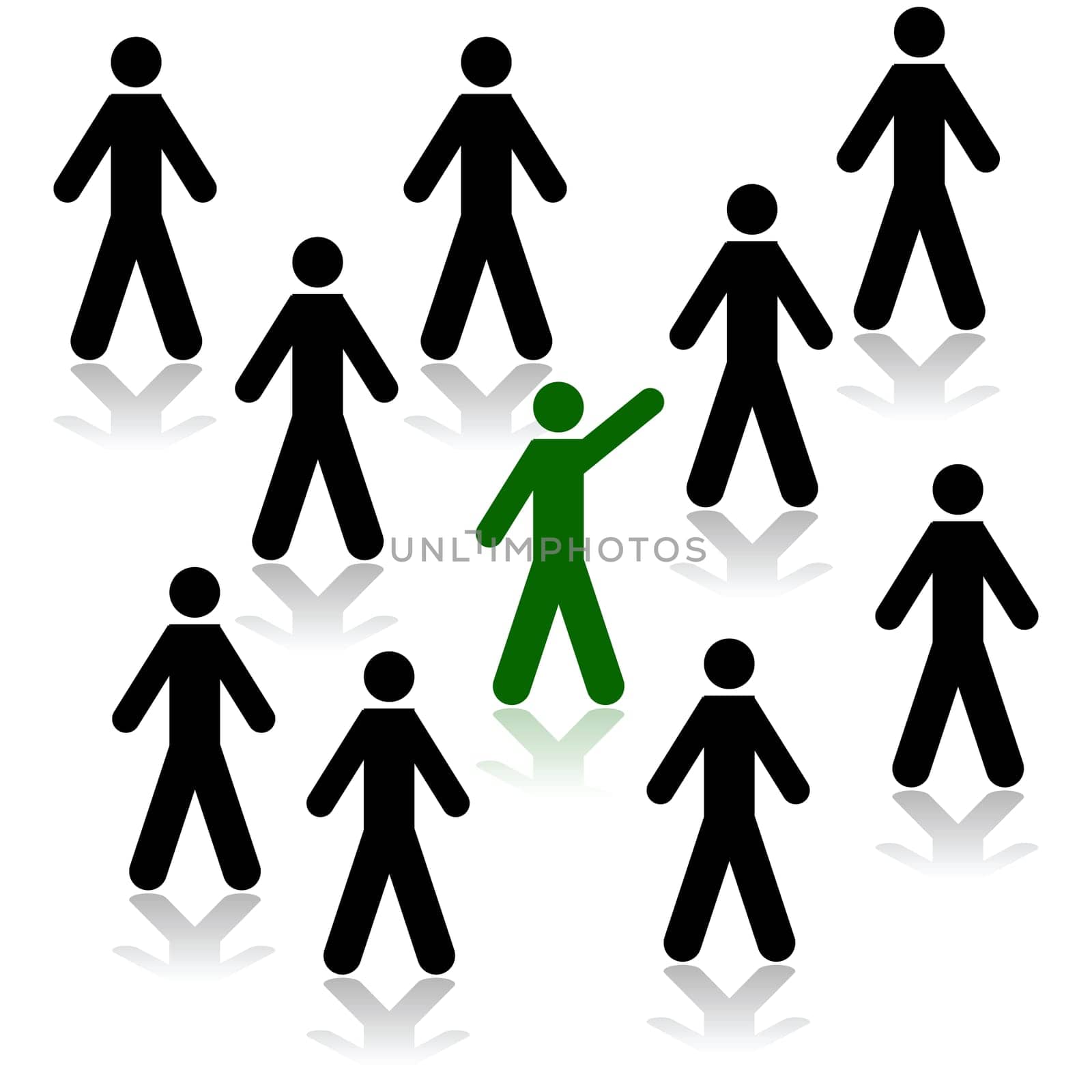 Concept illustration showing one man lifting his hand amid several other men