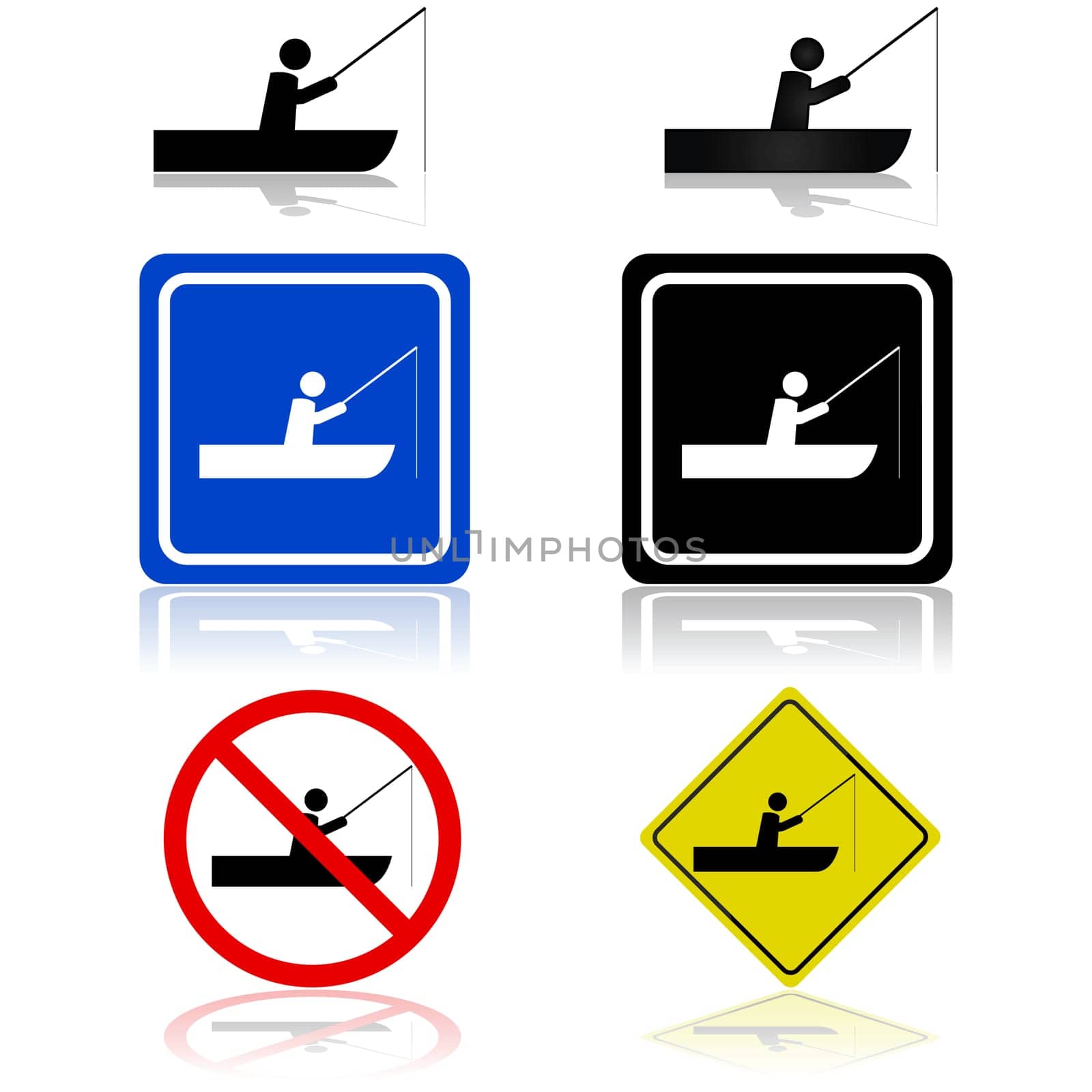 Icon set showing signs for a man fishing on a boat