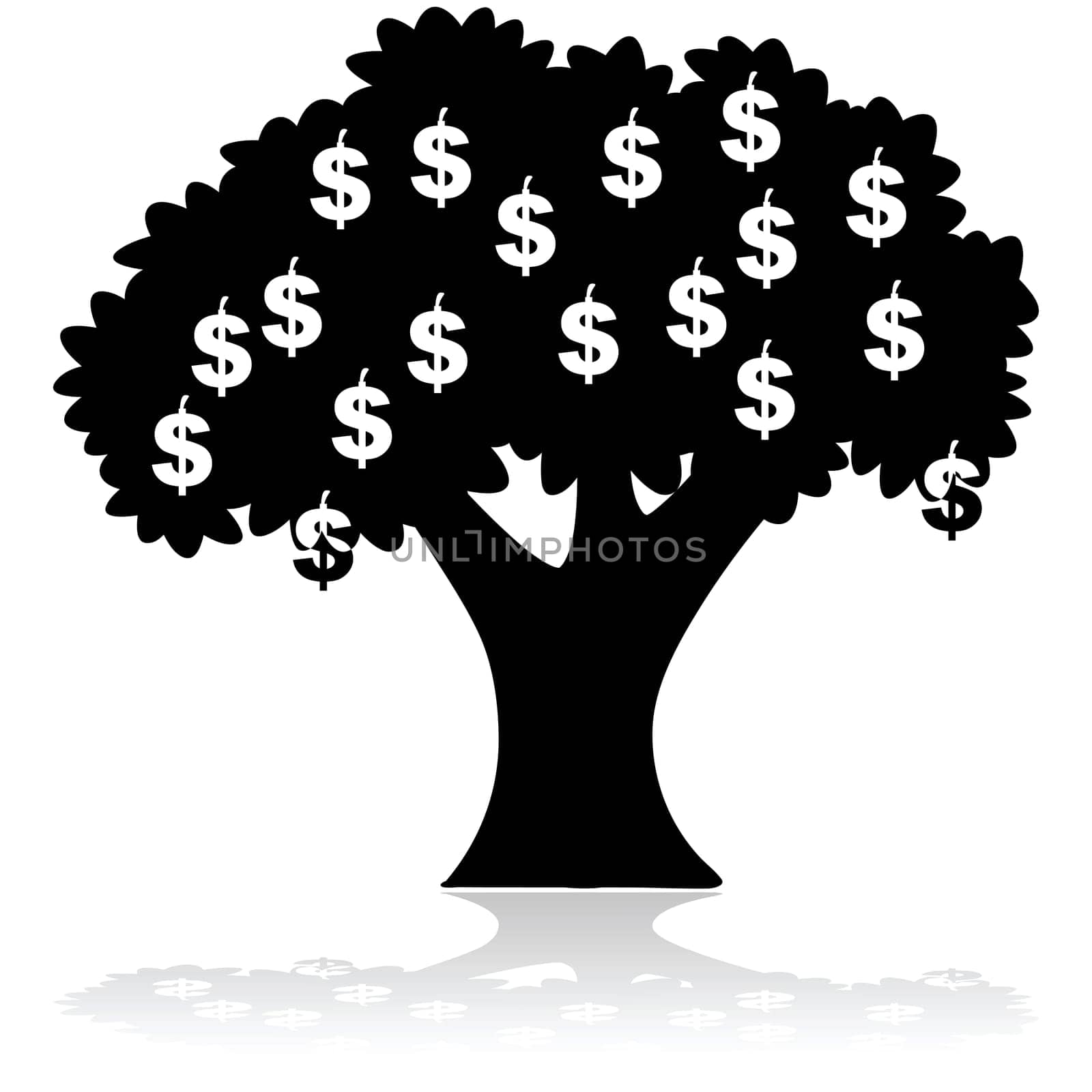 Concept illustration showing a tree with money (dollar signs) growing on it