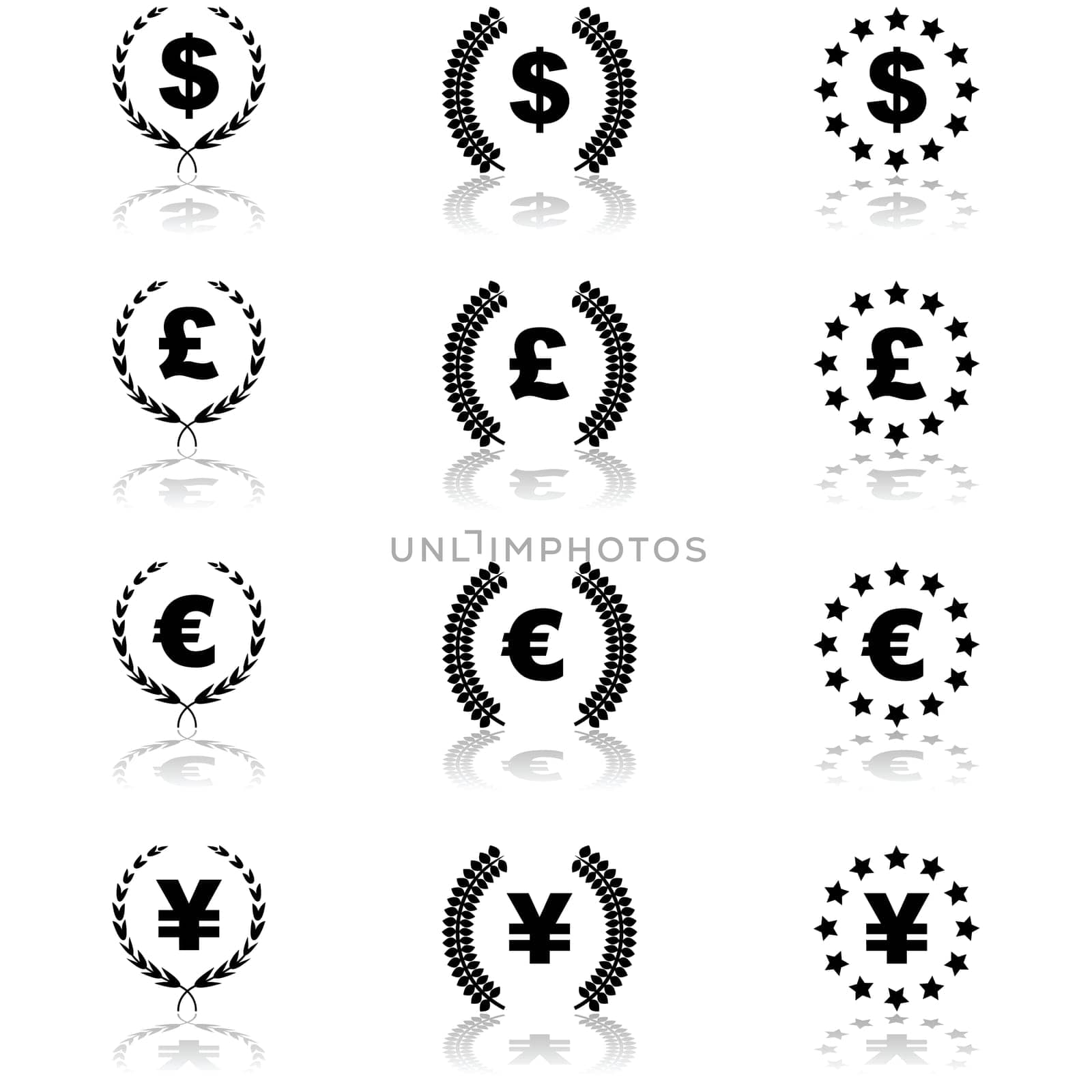 Icon set showing different currency symbols arranged with other design elements