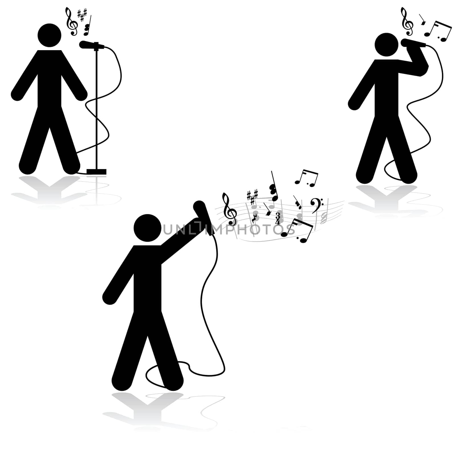 Icon illustration showing a man in three different singing poses with musical notes beside him
