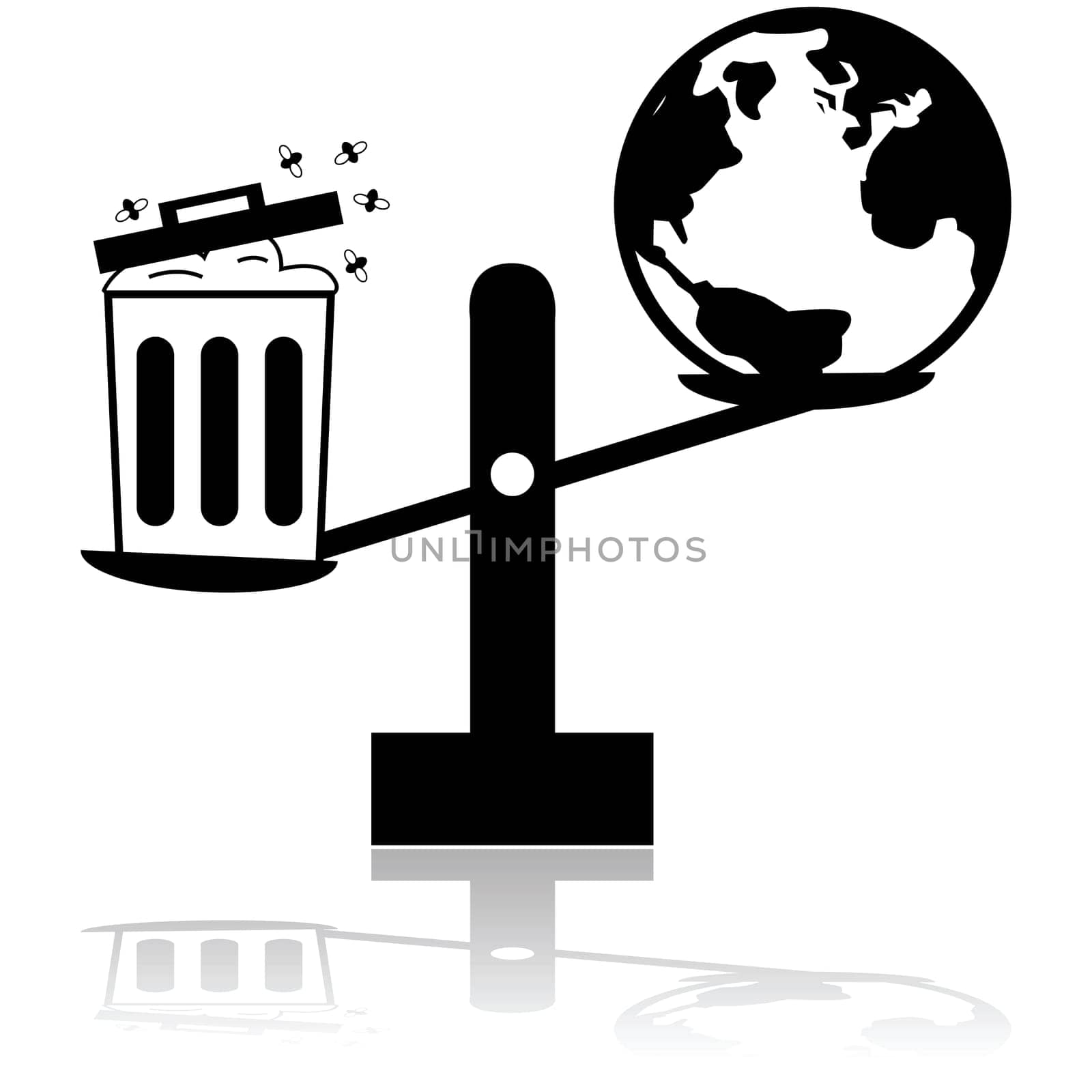 Concept illustration showing a scale balancing planet Earth with a garbage can