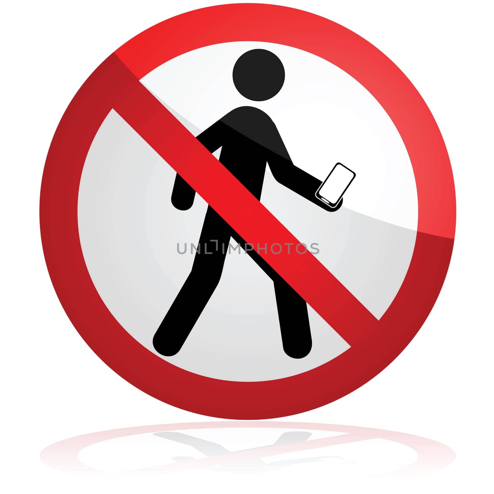 Concept illustration showing a forbidden sign over a man who's walking and looking down at his phone