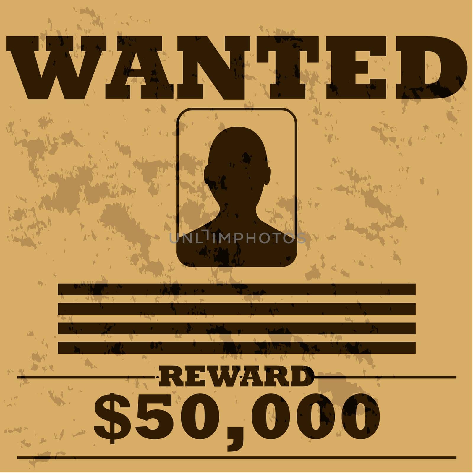 Concept illustration of a template poster for a wanted man in old Western style