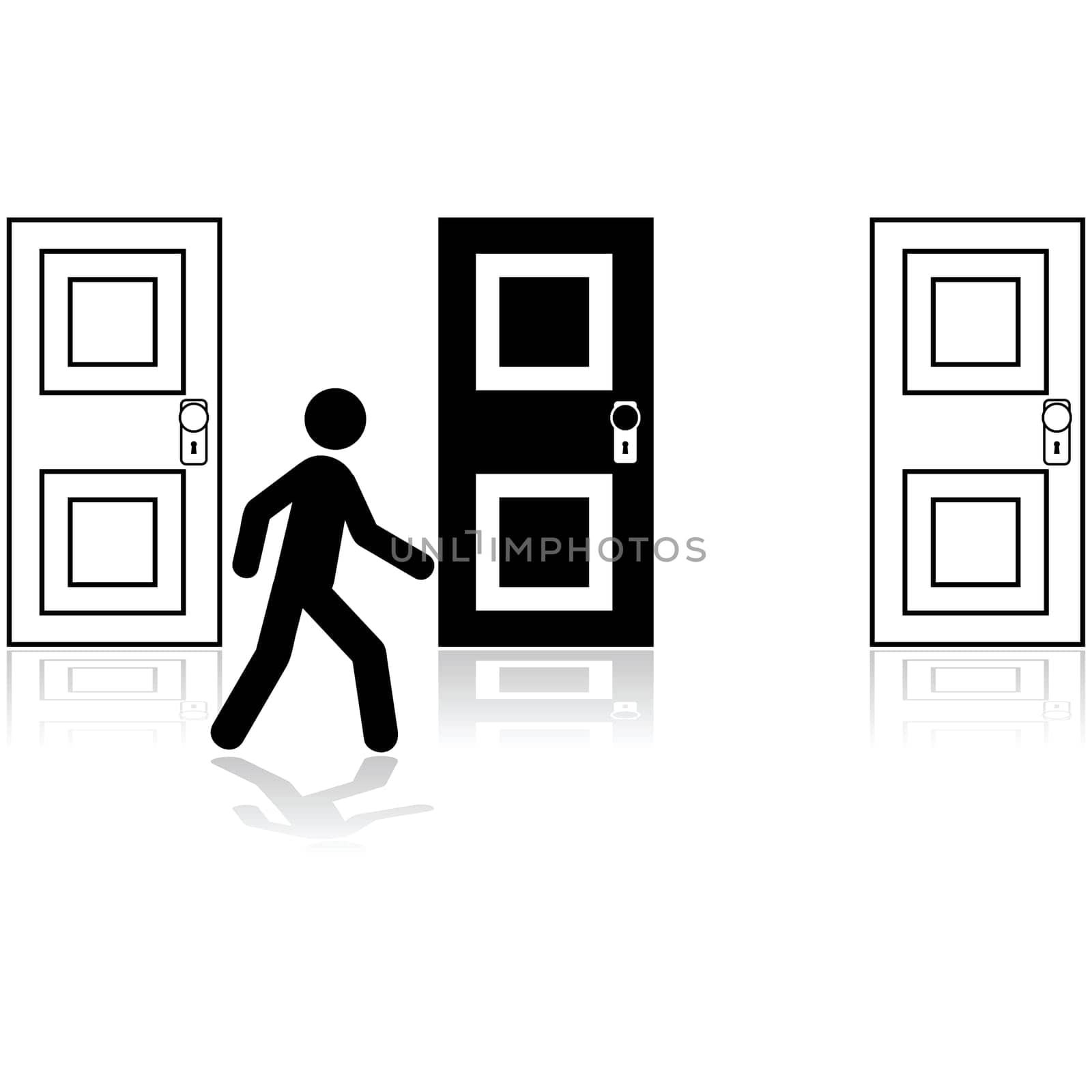 Concept illustration showing a man choosing between three closed doors