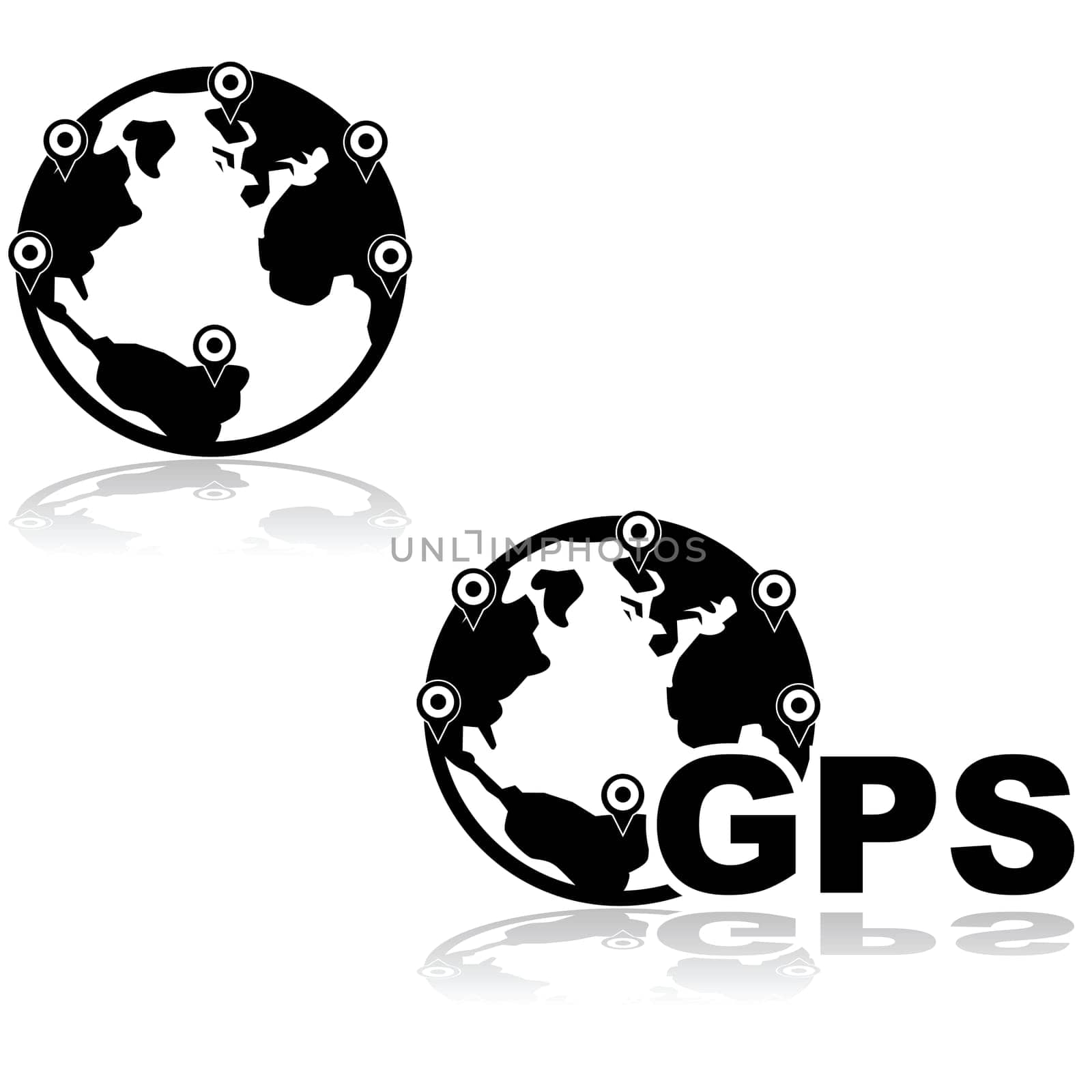 Icon illustration showing planet Earth with many location identifiers and also with the word GPS