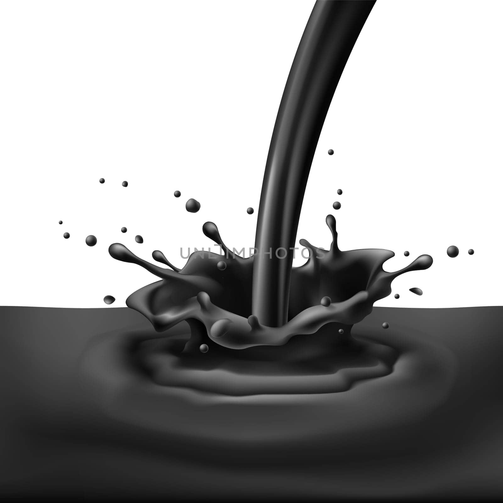 Pouring of black paint with splashes. Bright illustration on white background