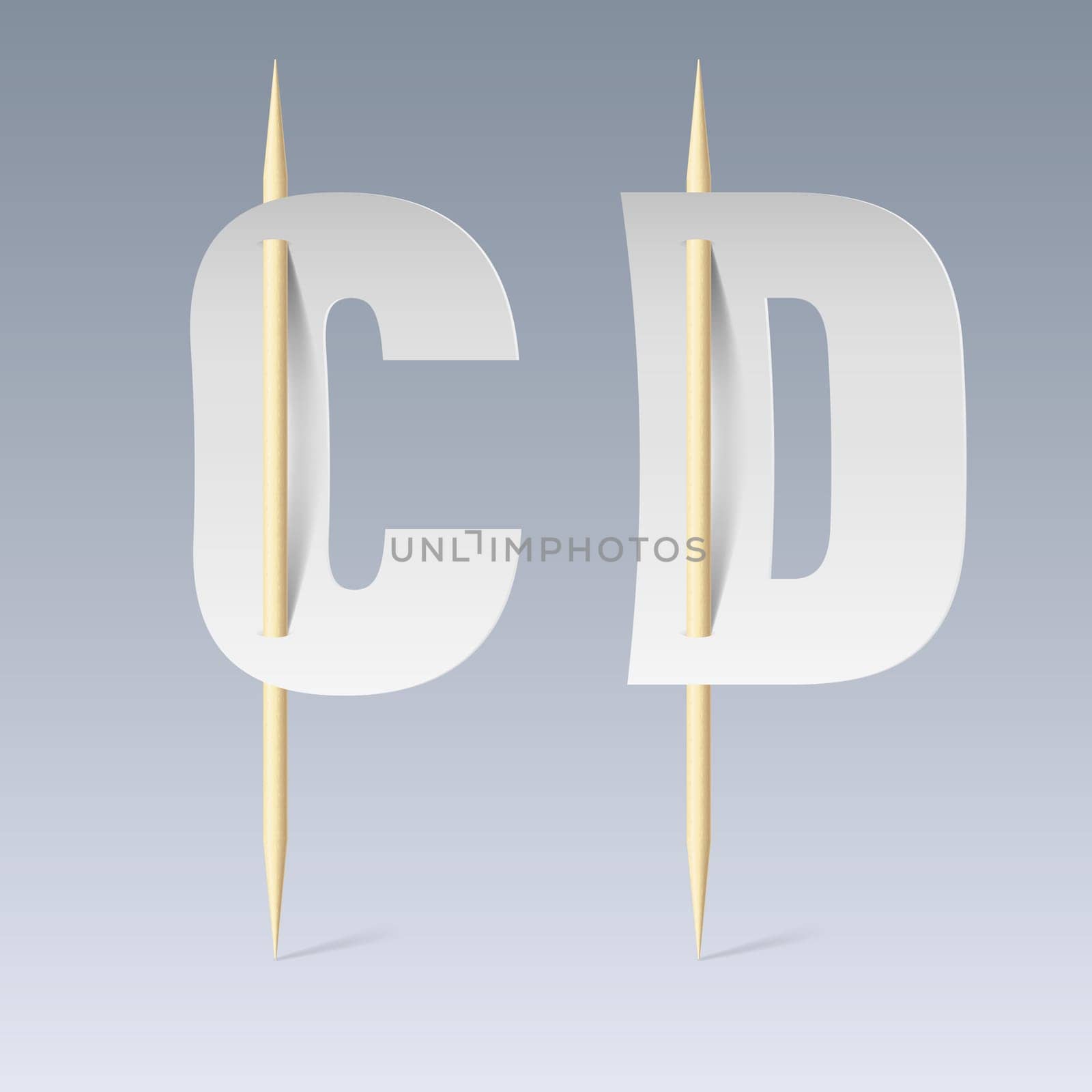 White paper cut font on toothpicks on grey background. C and D letters