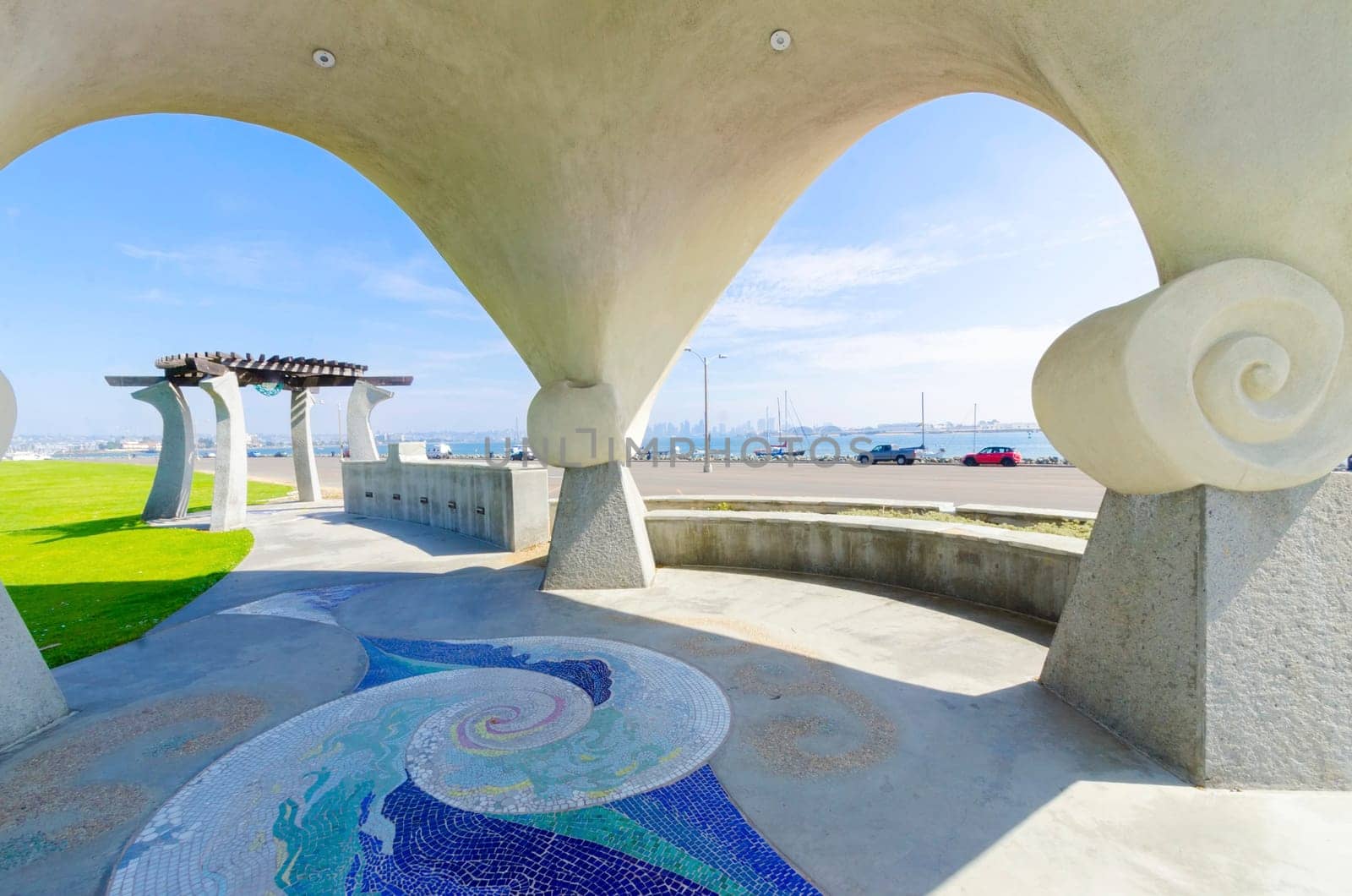 The Pacific Portal, aka Shelter Island Gazebo, at Point Loma, in San Diego, Southern California, United States of America. An Architectural arched art structure with mosaic tile ceiling and pathways.