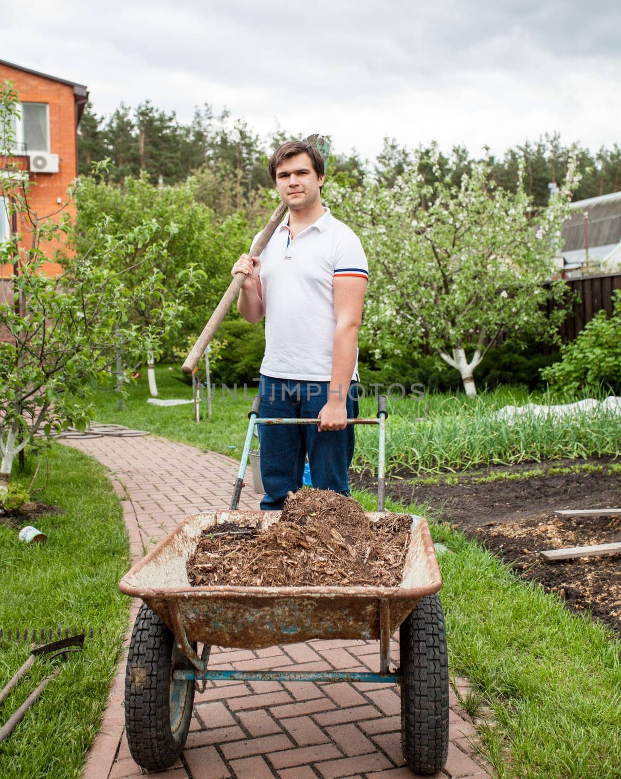 Young brunette man holding shovel and wheelbarrow