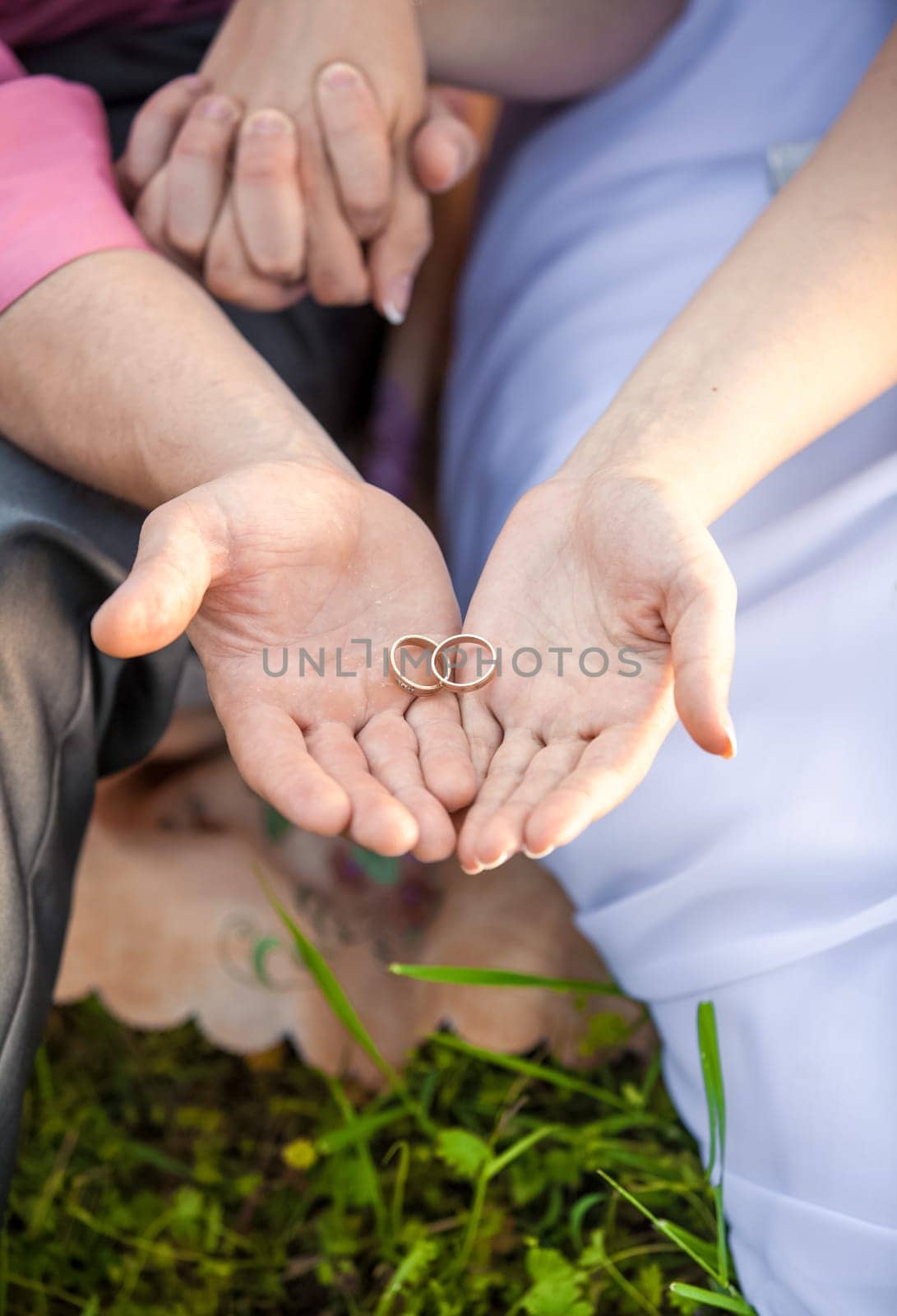 Closeup toned photo of newly married couple holding golden wedding rings outdoor