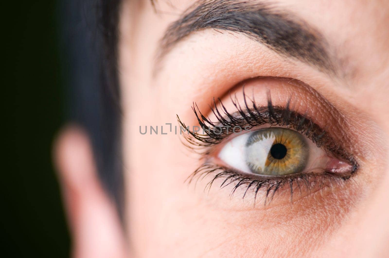 frontal view of the right eye of a middle-aged black-haired woman,right ear in fuzzy hIntergrund