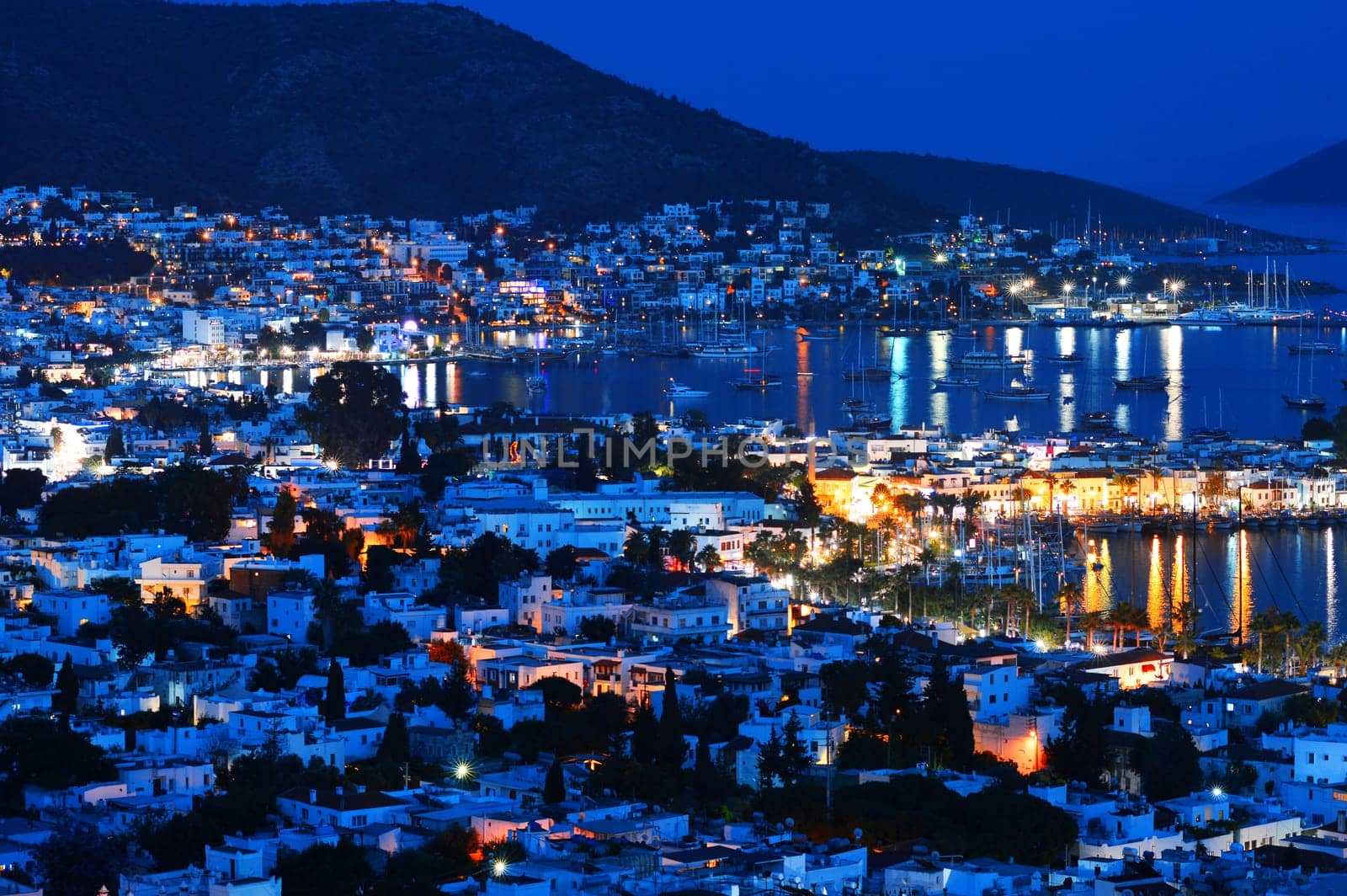 View of Bodrum harbor by night. Turkish Riviera.