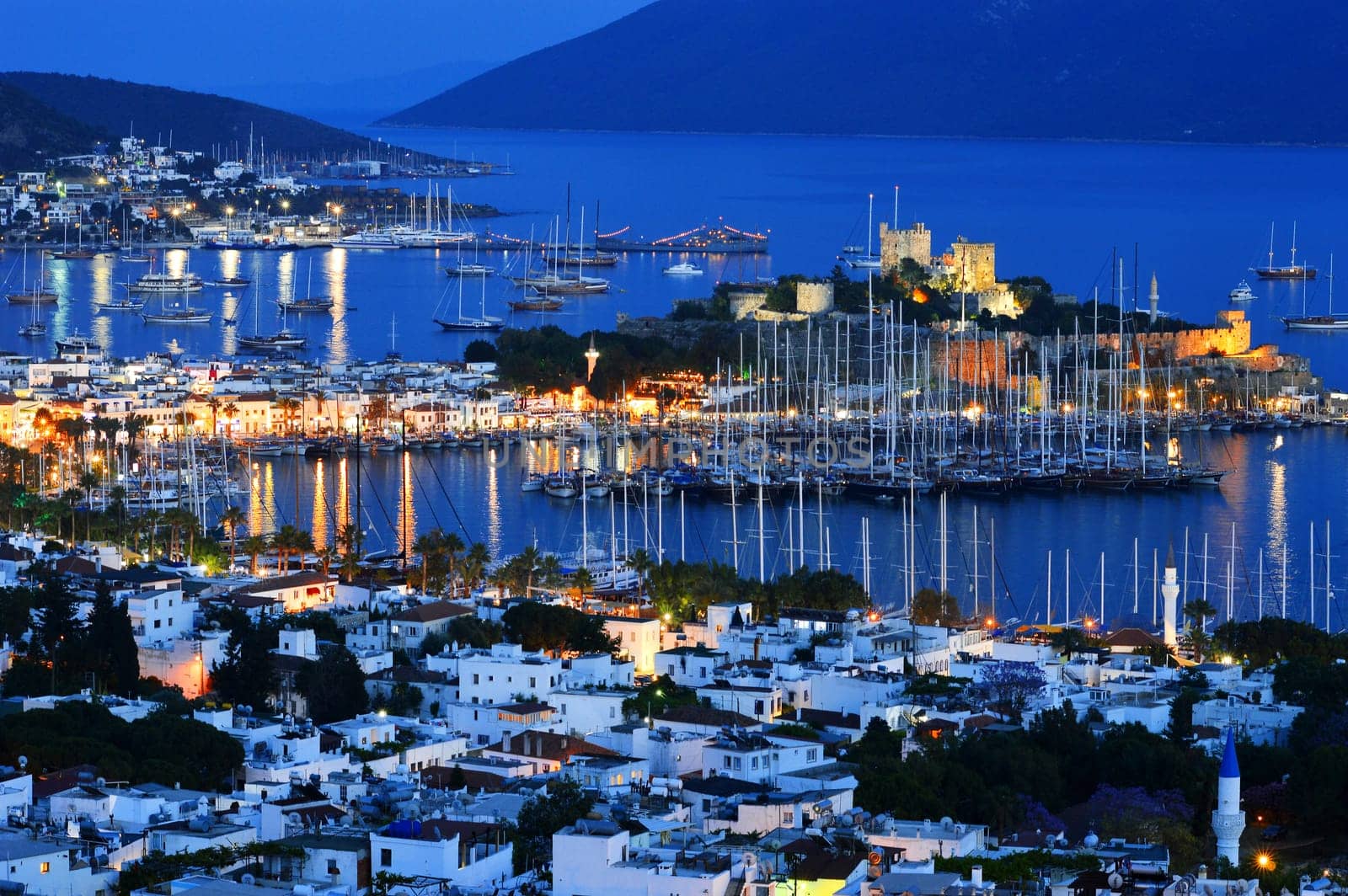 View of Bodrum harbor by night. Turkish Riviera.