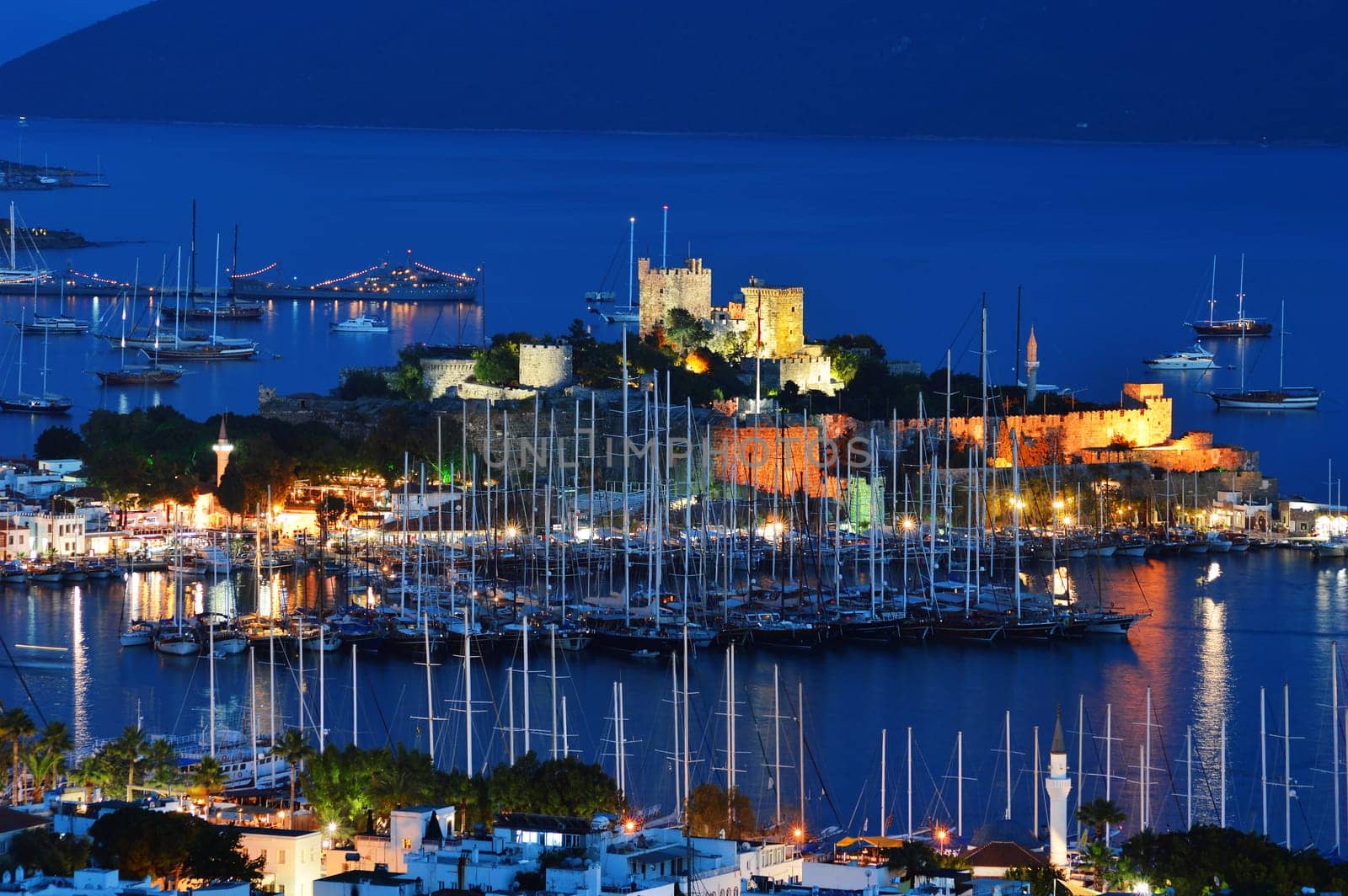 View of Bodrum harbor by night. Turkish Riviera.
