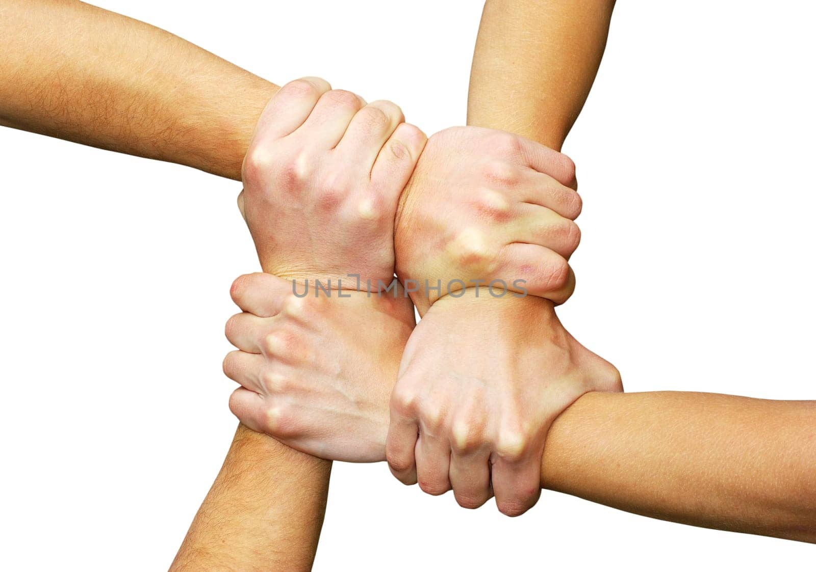 Linked hands on a white background symbolizing teamwork and friendship