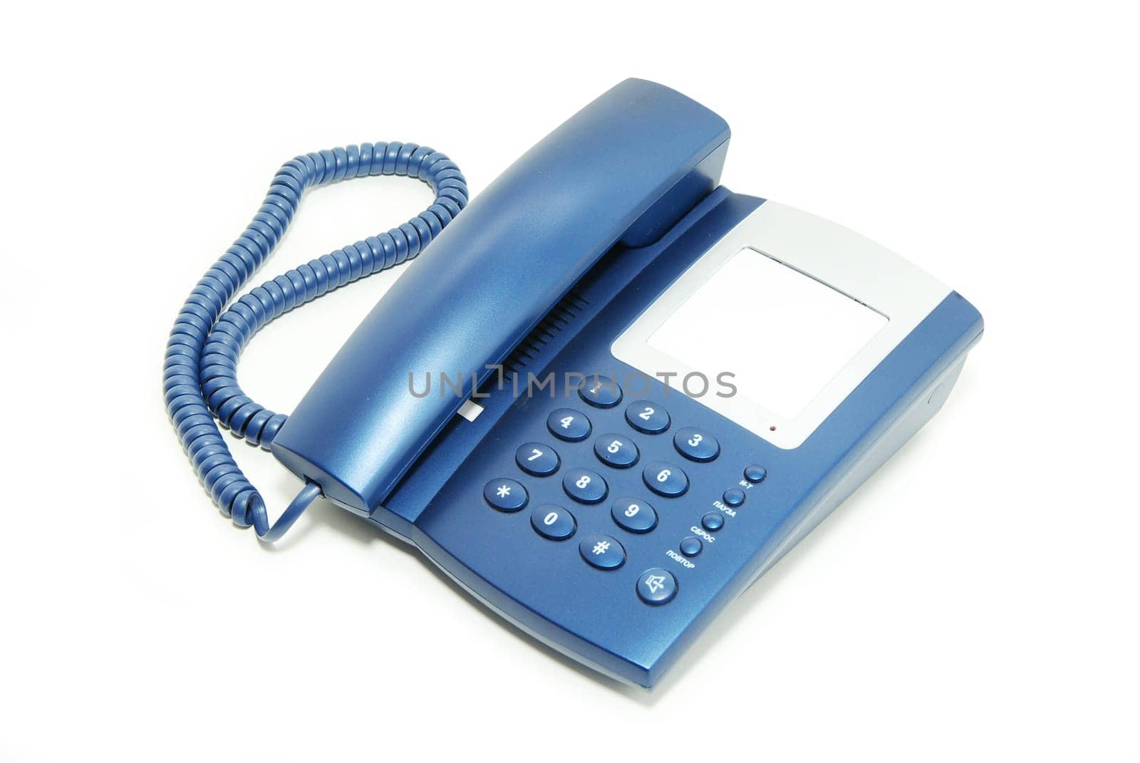 blue office telephone on a white  background