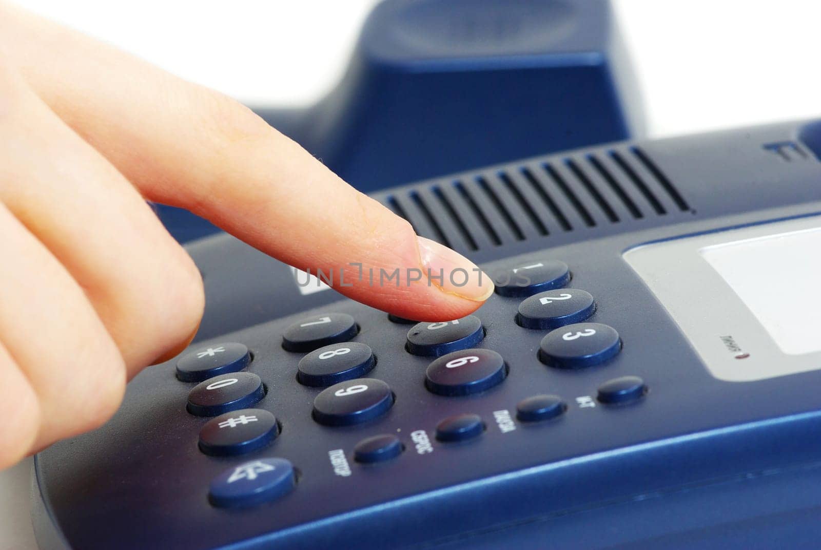 finger with  blue telephone keypad