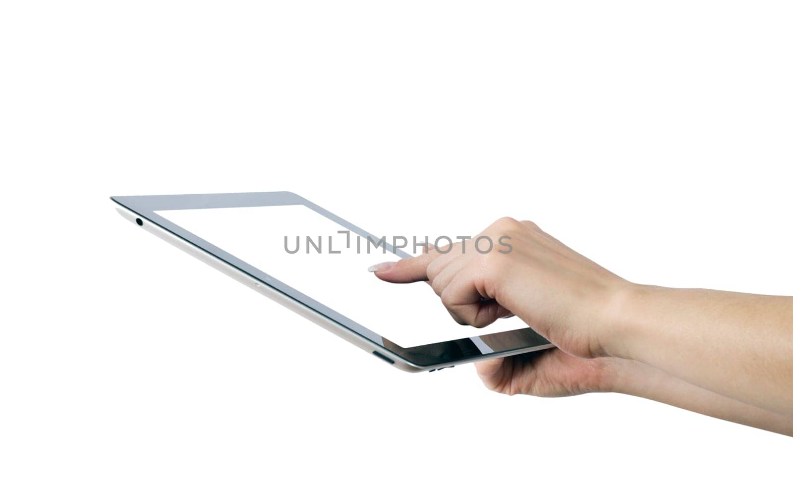 hands with tablet computer on white
