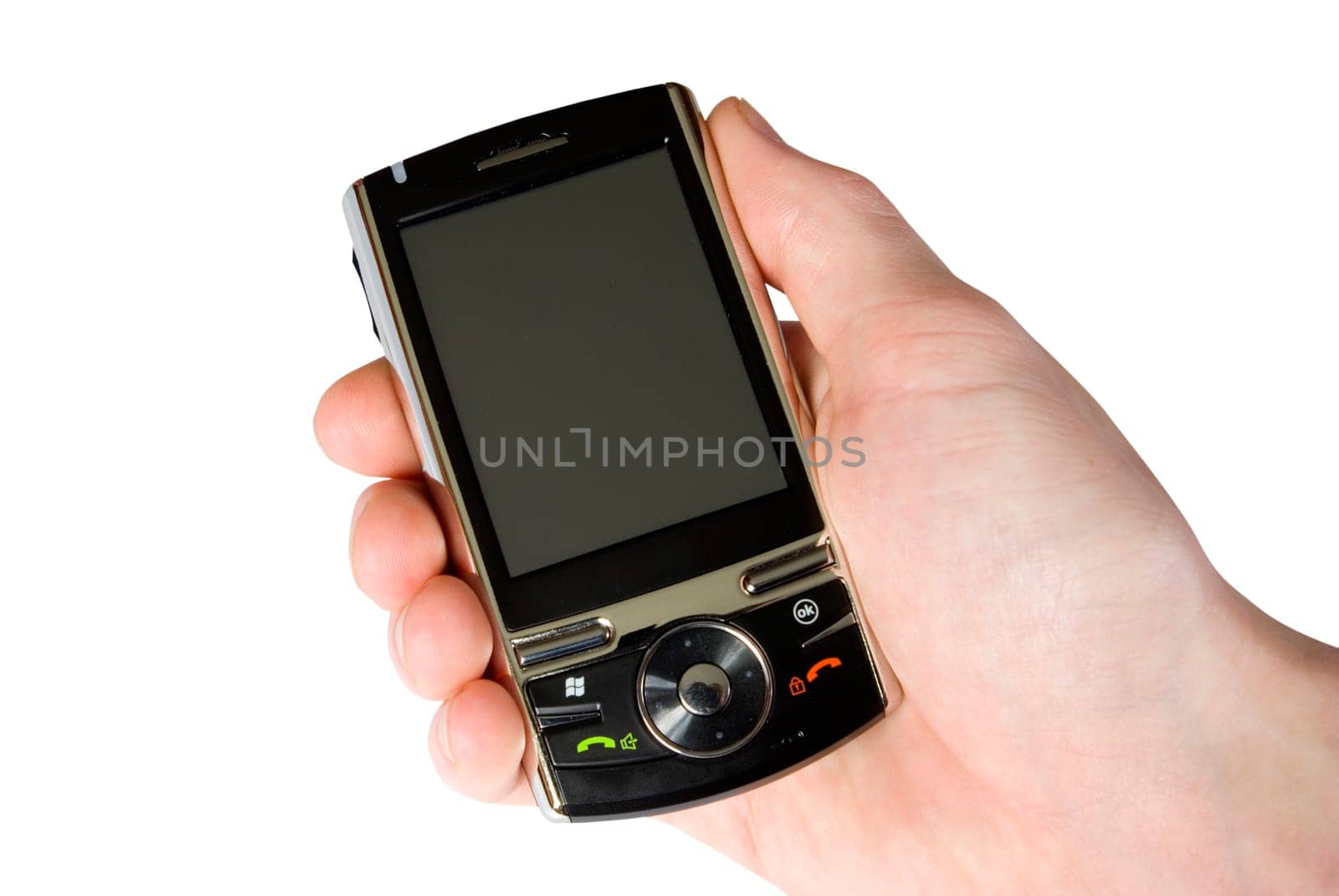 hands with communicator isolated over white background