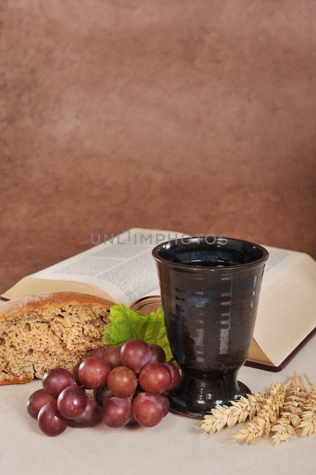 Bread,wine and the Bible for the sacrament or communion