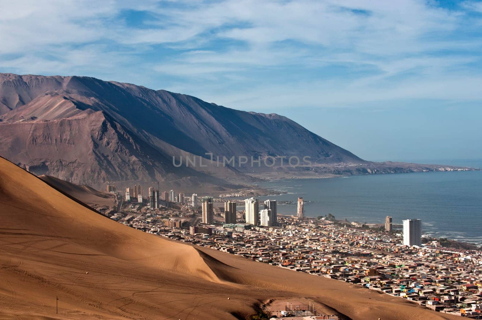 Iquique behind a huge dune, northern Chile, TarapacÃ?Â¡ Region, Pacific coast, west of the Atacama Desert and the Pampa del Tamarugal