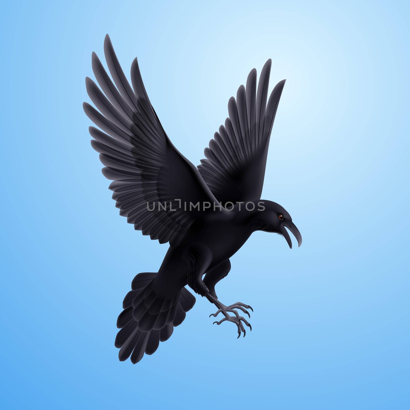Illustration of aggressive black raven on blue sky background