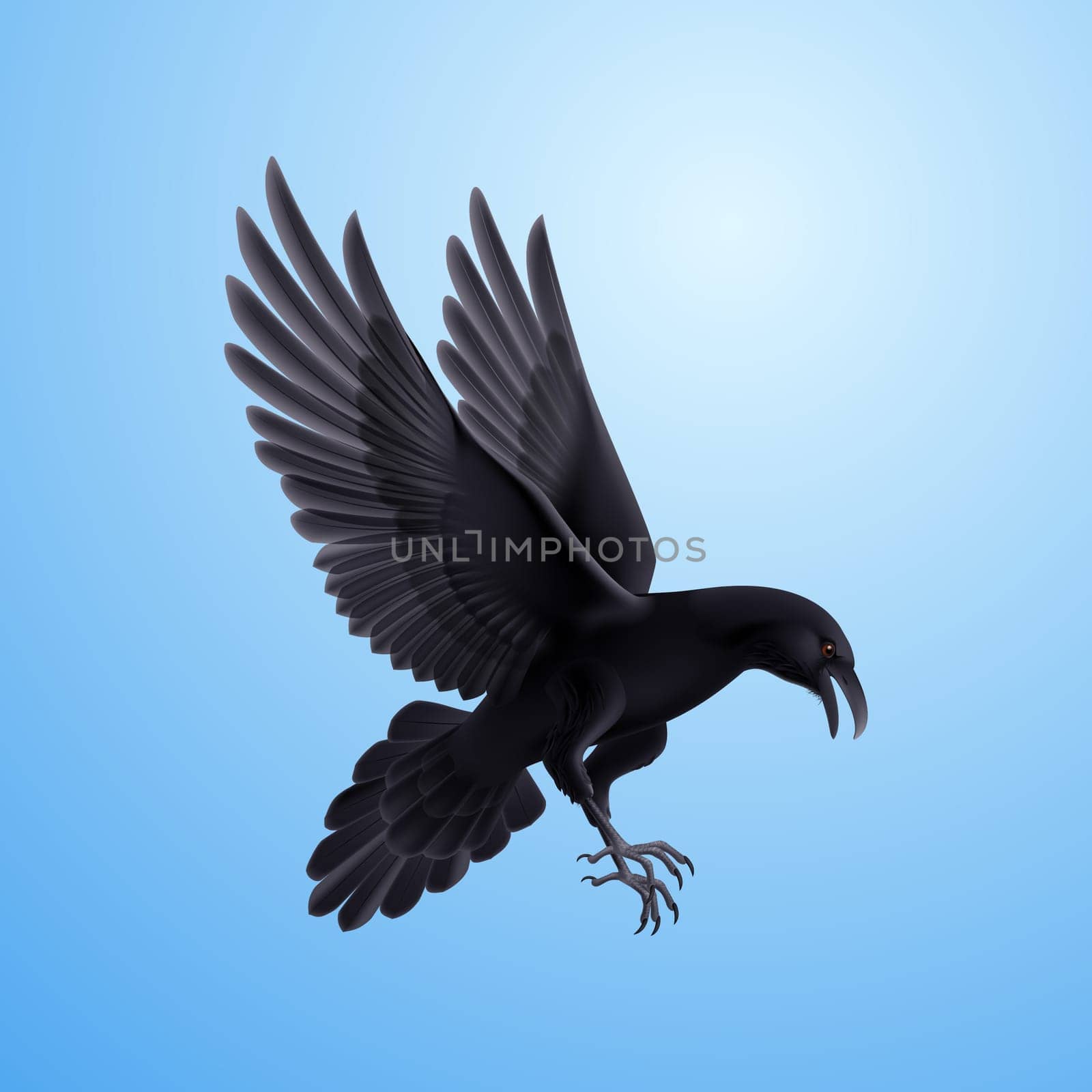 Aggressive black raven. Illustration on blue sky background