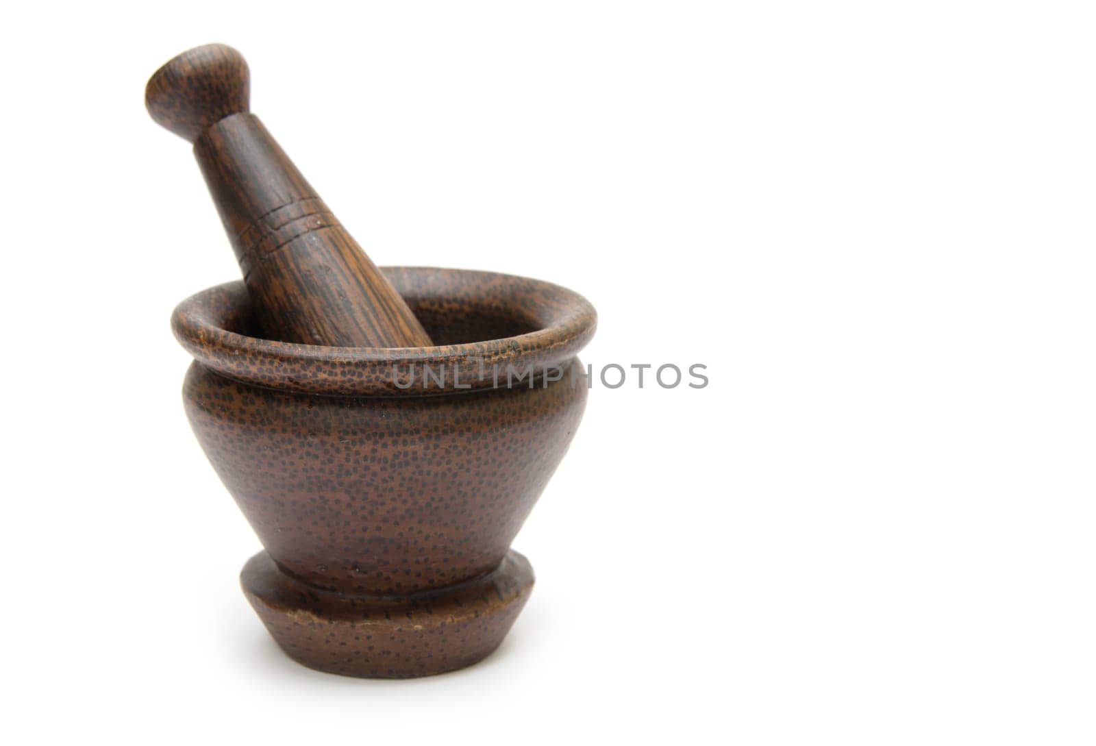 Handmade wooden mortar isolated on white background