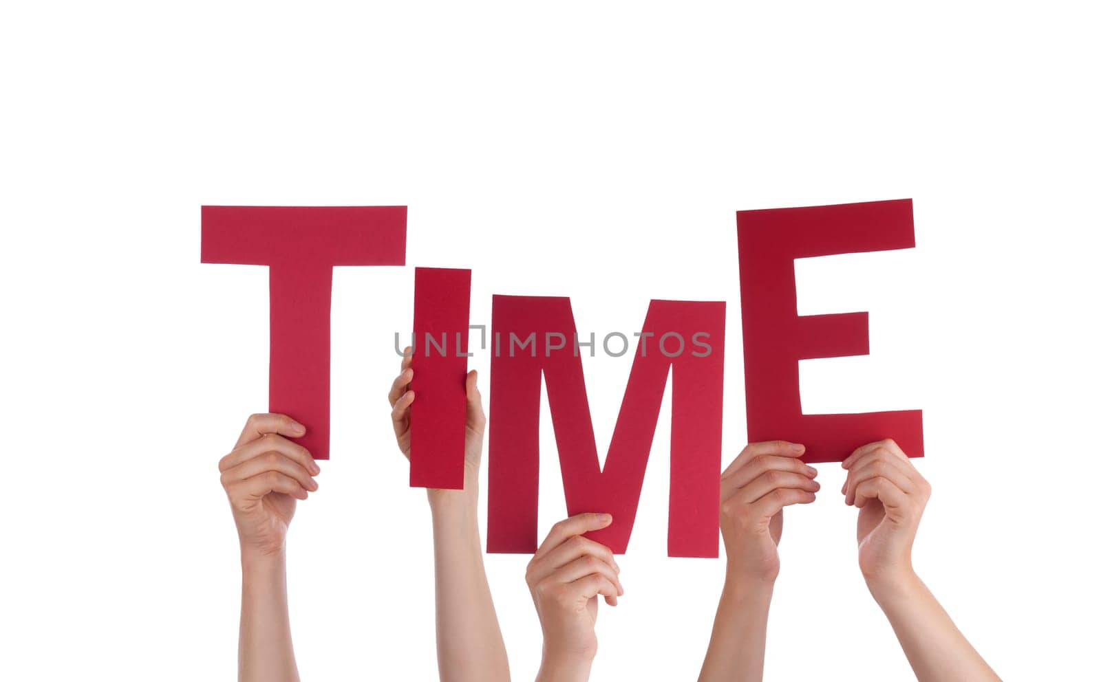 Many Hands Holding the Red Word Time, Isolated