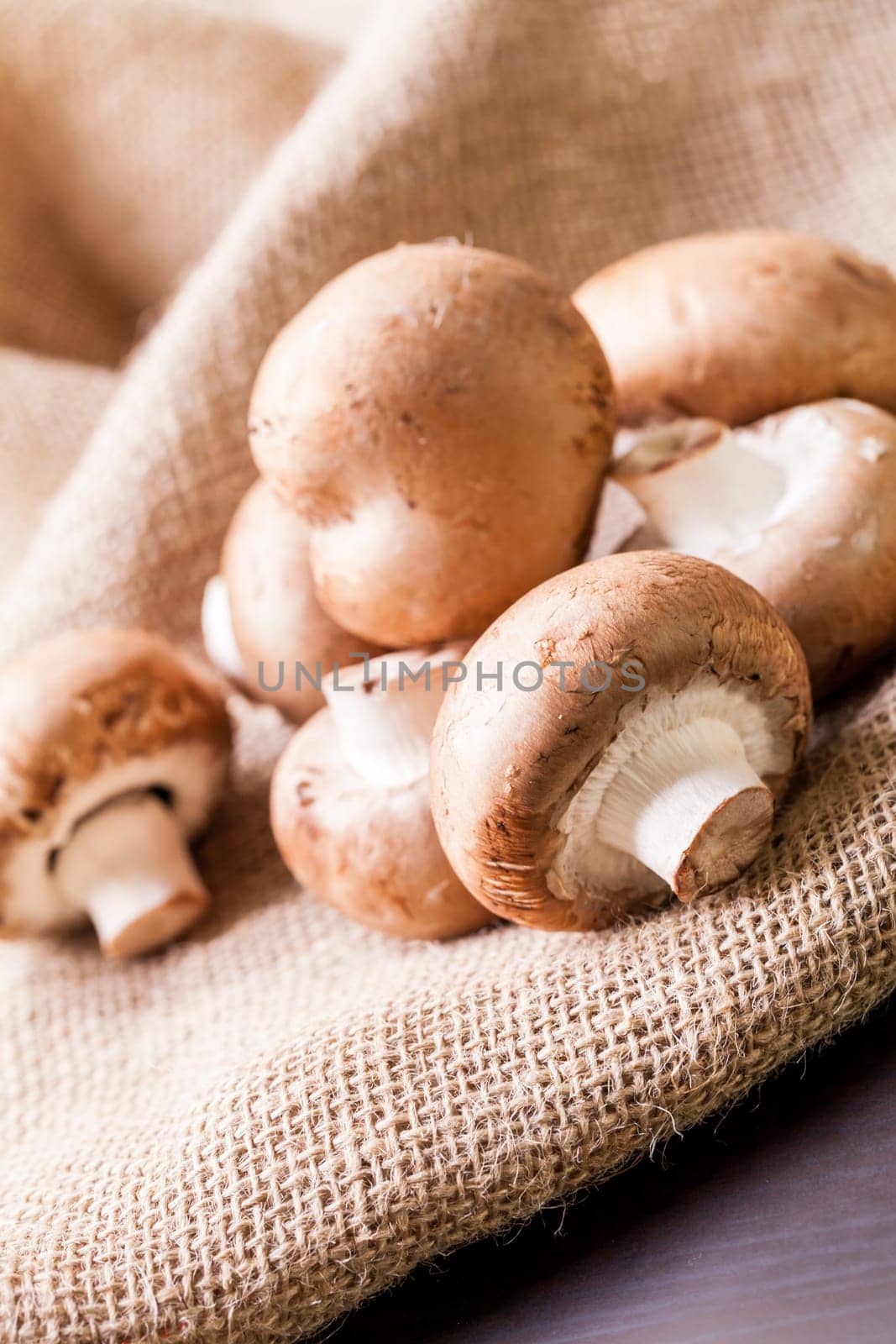 Fresh braund champignons in sunlight on a wooden table in daylight