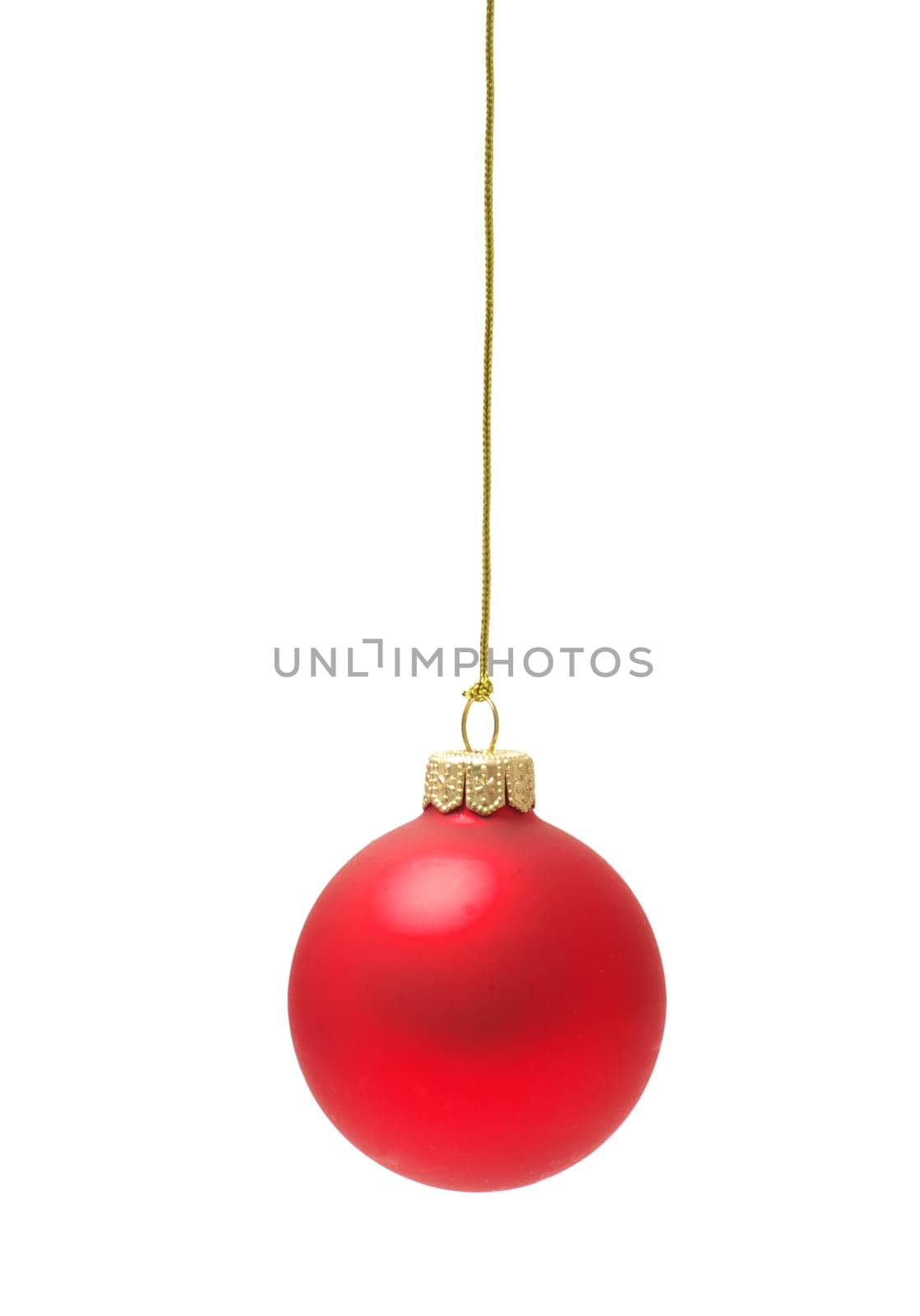 Christmas ball hanging with ribbons on white background